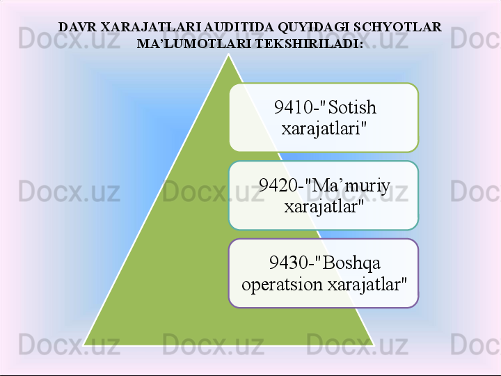 DAVR XARAJATLARI AUDITIDA QUYIDAGI SCH YO TLAR 
MA’LUMOTLARI TEKSHIRILADI:
9410-"Sotish 
xarajatlari "
9420-"Ma’muriy 
xarajatlar"
9430-"Boshqa 
operatsion xarajatlar"    