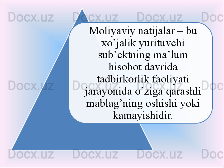 Moliyaviy natijalar  –  bu 
x o’ jalik yurituvchi 
sub’ektning ma’lum 
h isobot davrida 
tadbirkorlik faoliyati 
jarayonida  o’ ziga  q arashli 
mabla g’ ning oshishi yoki 
kamayishidir.  