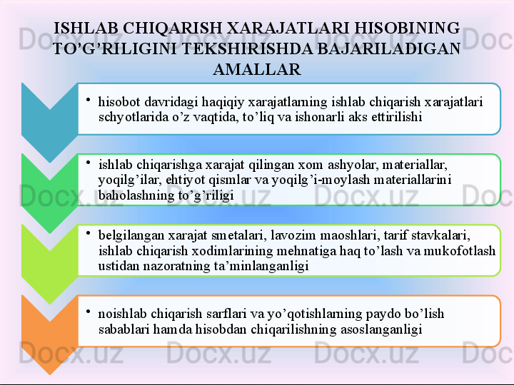 •
hisobot davridagi haqiqiy xarajatlarning ishlab chiqarish xarajatlari 
schyotlarida o’z vaqtida, to’liq va ishonarli aks ettirilishi 
•
ishlab chiqarishga xarajat qilingan xom ashyolar, materiallar, 
yoqilg’ilar, ehtiyot qismlar va yoqilg’i-moylash materiallarini 
baholashning to’g’riligi 
•
belgilangan xarajat smetalari, lavozim maoshlari, tarif stavkalari, 
ishlab chiqarish xodimlarining mehnatiga haq to’lash va mukof o tlash 
u st idan nazoratning ta’minlanganligi 
•
noishlab chiqarish sarflari va  yo’ qotishlarning paydo bo’lish 
sabablari hamda hisobdan chi qa rilishning asoslanganligi ISHLAB CHIQARISH XARAJATLARI HISOBINING 
TO’G’RILIGINI TEKSHIRISHDA BAJARILADIGAN 
AMALLAR     