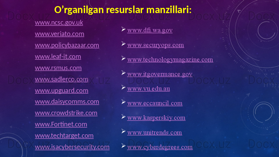 www.ncsc.gov.uk
www.veriato.com
www.policybazaar.com
www.leaf-it.com
www.rsmus.com
www.sadlerco.com
www.upguard.com
www.daisycomms.com
www.crowdstrike.com
www.Fortinet.com
www.techtarget.com
www.isacybersecurity.com 
www.dfi.wa.gov

www.securyops.com

www.technologymagazine.com

www.itgovermance.gov

www.vu.edu.au

www.eccauncil.com

www.kasperskiy.com

www.unitrends.com

www.cyberdegrees.comO’rganilgan resurslar manzillari: 