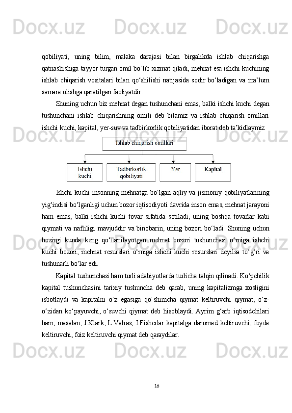 qobiliyati,   uning   bilim,   malaka   darajasi   bilan   birgalikda   ishlab   chiqarishga
qatnashishiga tayyor turgan omil bo‘lib xizmat qiladi, mehnat esa ishchi kuchining
ishlab   chiqarish   vositalari   bilan  qo‘shilishi   natijasida   sodir   bo‘ladigan   va   ma’lum
samara olishga qaratilgan faoliyatdir.	
Shuning uchun biz mehnat degan tushunchani emas, balki ishchi kuchi degan	
tushunchani   ishlab   chiqarishning   omili   deb   bilamiz   va   ishlab   chiqarish   omillari
ishchi kuchi, kapital, yer-suv va tadbirkorlik qobiliyatidan iborat deb ta’kidlaymiz 	
Ishchi  kuchi  insonning mehnatga  bo‘lgan aqliy va jismoniy qobiliyatlarining	
yig‘indisi bo‘lganligi uchun bozor iqtisodiyoti davrida inson emas, mehnat jarayoni
ham   emas,   balki   ishchi   kuchi   tovar   sifatida   sotiladi,   uning   boshqa   tovarlar   kabi
qiymati  va nafliligi  mavjuddir  va  binobarin,  uning  bozori  bo‘ladi.  Shuning  uchun
hozirgi   kunda   keng   qo‘llanilayotgan   mehnat   bozori   tushunchasi   o‘rniga   ishchi
kuchi   bozori,   mehnat   resurslari   o‘rniga   ishchi   kuchi   resurslari   deyilsa   to‘g‘ri   va
tushunarli bo‘lar edi.	
Kapital tushunchasi ham turli adabiyotlarda turlicha talqin qilinadi. Ko‘pchilik	
kapital   tushunchasini   tarixiy   tushuncha   deb   qarab,   uning   kapitalizmga   xosligini
isbotlaydi   va   kapitalni   o‘z   egasiga   qo‘shimcha   qiymat   keltiruvchi   qiymat,   o‘z-
o‘zidan   ko‘payuvchi,   o‘suvchi   qiymat   deb   hisoblaydi.   Ayrim   g‘arb   iqtisodchilari
ham,   masalan,   J.Klark,   L.Valras,   I.Fisherlar   kapitalga   daromad   keltiruvchi,  foyda
keltiruvchi, foiz keltiruvchi qiymat deb qaraydilar.16 