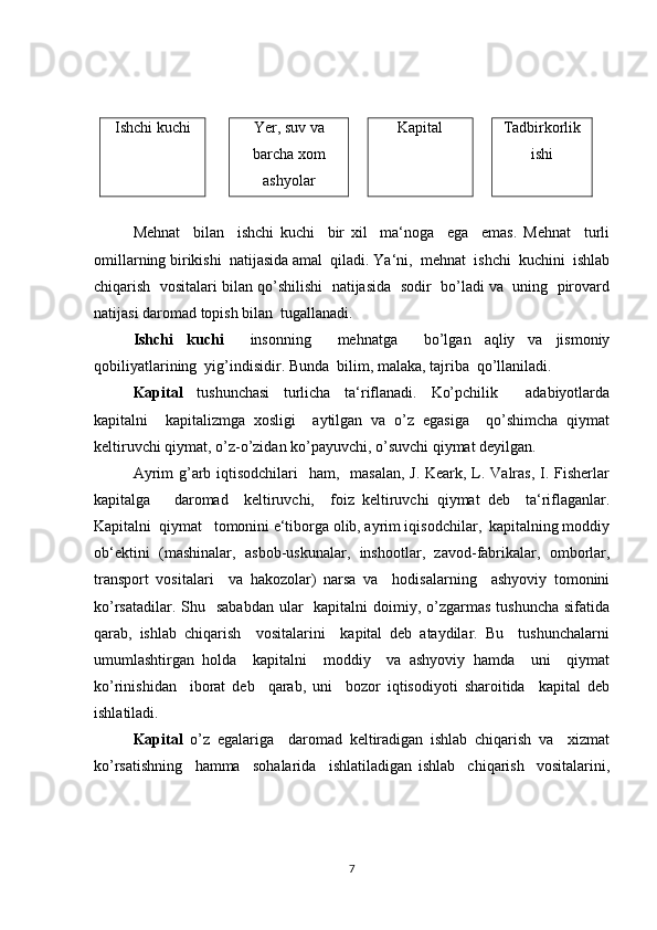 Ishchi kuchi Yer, suv va
barcha xom
ashyolar Kapital Tadbirkorlik
ishi
Mehnat     bilan     ishchi   kuchi     bir   xil     ma‘noga     ega     emas.   Mehnat     turli
omillarning birikishi  natijasida amal  qiladi. Ya‘ni,  mehnat  ishchi  kuchini  ishlab
chiqarish  vositalari bilan qo’shilishi  natijasida  sodir  bo’ladi va  uning  pirovard
natijasi daromad topish bilan  tugallanadi.
Ishchi   kuchi     insonning     mehnatga     bo’lgan   aqliy   va   jismoniy
qobiliyatlarining  yig’indisidir. Bunda  bilim, malaka, tajriba  qo’llaniladi.
Kapital   tushunchasi   turlicha   ta‘riflanadi.   Ko’pchilik     adabiyotlarda
kapitalni     kapitalizmga   xosligi     aytilgan   va   o’z   egasiga     qo’shimcha   qiymat
keltiruvchi qiymat, o’z-o’zidan ko’payuvchi, o’suvchi qiymat deyilgan.
Ayrim  g’arb iqtisodchilari    ham,   masalan, J. Keark, L. Valras, I. Fisherlar
kapitalga       daromad     keltiruvchi,     foiz   keltiruvchi   qiymat   deb     ta‘riflaganlar.
Kapitalni  qiymat   tomonini e‘tiborga olib, ayrim iqisodchilar,  kapitalning moddiy
ob‘ektini   (mashinalar,   asbob-uskunalar,   inshootlar,   zavod-fabrikalar,   omborlar,
transport   vositalari     va   hakozolar)   narsa   va     hodisalarning     ashyoviy   tomonini
ko’rsatadilar. Shu   sababdan  ular    kapitalni  doimiy, o’zgarmas  tushuncha sifatida
qarab,   ishlab   chiqarish     vositalarini     kapital   deb   ataydilar.   Bu     tushunchalarni
umumlashtirgan   holda     kapitalni     moddiy     va   ashyoviy   hamda     uni     qiymat
ko’rinishidan     iborat   deb     qarab,   uni     bozor   iqtisodiyoti   sharoitida     kapital   deb
ishlatiladi.
Kapital   o’z   egalariga     daromad   keltiradigan   ishlab   chiqarish   va     xizmat
ko’rsatishning     hamma     sohalarida     ishlatiladigan   ishlab     chiqarish     vositalarini,
7
