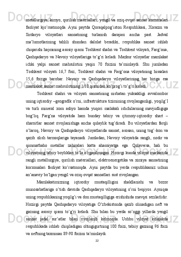 metallurgiya, kimyo, qurilish materiallari, yengil va oziq-ovqat sanoat korxonalari
faoliyat   kjo’rsatmoqda.   Ayni   paytda   Qoraqalpog’iston   Respublikasi,   Xorazm   va
Sirdaryo   viloyatlari   sanoatining   turlanish   darajasi   ancha   past.   Jadval
ma’lumotlarining   tahlili   shundan   dalolat   beradiki,   respublika   sanoat   ishlab
chiqarishi hajmining asosiy qismi Toshkent shahri va Toshkent viloyati, Farg’ona,
Qashqadaryo   va   Navoiy   viloyatlariga   to’g’ri   keladi.   Mazkur   viloyatlar   mamlakat
ichki   yalpi   sanoat   mahsulotini   yaqin   70   foizini   ta’minlaydi.   Shu   jumladan
Toshkent   viloyati   16,7   foiz,   Toshkent   shahri   va   Farg’ona   viloyatining   hissalari
15,6   foizga   barobar.   Navoiy   va   Qashqadaryo   viloyatlarining   har   biriga   esa
mamlakat sanoat mahsulotining 1/10 qismidan ko’prog’i to’g’ri keladi.
Toshkent   shahri   va   viloyati   sanoatining   nisbatan   yuksakligi   avvalombor
uning iqtisodiy –geografik o’rni, infrastruktura tizimining rivojlanganligi, yoqilg’I
va   turli   mineral   xom   ashyo   hamda   yuqori   malakali   ishchilarning   mavjudligiga
bog’liq.   Farg’na   viloyatida   ham   bunday   tabiiy   va   ijtimoiy-iqtisodiy   shart   –
sharoitlar   sanoat   rivojlanishiga   ancha   qulaylik   tug’diradi.   Bu   viloyatlardan   farqli
o’laroq,   Navoiy   va   Qashqadaryo   viloyatlarida   sanoat,   asosan,   uning   tog’-kon   va
qazib   olish   tarmoqlariga   tayanadi.   Jumladan,   Navoiy   viloyatida   rangli,   nodir   va
qimmatbaho   metallar   zahiralari   katta   ahamiyatga   ega.   Qolaversa,   hali   bu
viloyatning tabiiy boyliklari to’la o’rganilmagan. Hozirgi kunda viloyat markazida
rangli   metallurgiya,   qurilish   materiallari,   elektroenergetika   va   ximiya   sanoatining
korxonalari   faoliyat   ko’rsatmoqda.   Ayni   paytda   bu   yerda   respublikamiz   uchun
an’anaviy bo’lgan yengil va oziq-ovqat sanoatlari sust rivojlangan. 
Mamlakatimizning   iqtisodiy   mustaqilligini   shakllanishi   va   bozor
munosabatlariga   o’tish   davrida   Qashqadaryo   viloyatining   o’rni   beqiyos.   Ayniqsa
uning respublikaning yoqilg’i va don mustaqilligiga erishishida mavqei sezilarlidir.
Hozirgi   paytda   Qashqadaryo   viloyatiga   O’zbekistonda   qazib   olinadigan   neft   va
gazning   asosiy   qismi   to’g’ri   keladi.   Shu   bilan   bu   yerda   so’nggi   yillarda   yengil
sanoat   jadal   sur’atlar   bilan   rivojlanib   kelmoqda.   Ushbu   viloyat   kelajakda
respublikada ishlab chiqiladigan oltingigurtning 100 foizi, tabiiy gazning 96 foizi
va neftning taxminan 89-90 foizini ta’minlaydi. 
22 