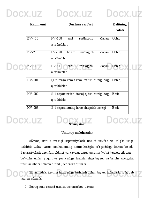 Kalit nomi  Q urilma   vazifasi Kalitning
holati
BV - 100 FV - 100   sarf   rostlagichi   klapani
ajratkichlari Ochiq
BV - 220 PV - 220   bosim   rostlagichi   klapani
ajratkichlari Ochiq
BV - 410  LV - 410   sath   rostlagichi   klapani
ajratkichlari  Ochiq 
HV - 001  Qurilmaga xom   ashyo uzatish ch i zig‘idagi
ajratkichlar Ochiq 
HV - 002  S - 1 separatordan drenaj qilish chizig‘idagi
ajratkichlar Berk
HV - 003  S - 1 separatorning havo chiqarish teshigi Berk
Sovuq start
Umumiy mulohazalar
«Sovuq   start   »   mashqi   separasiyalash   uzelini   xavfsiz   va   to‘g‘ri   ishga
tushirish   uchun   zarur   xarakatlarning   ketma - ketligini   o‘rganishga   imkon   beradi.
Sep a rasiyalash  uzelidan  oldingi  va  keyingi  zarur  qurilma (ya’n i   texnologik  zanjir
bo‘yicha   undan   yuqori   va   past)   ishga   tushshirishga   tayyor   va   barcha   energetik
tizimlar ishchi holatda turibdi, deb faraz qilinadi.
SHuningdek, keyingi tizim ishga tushirish uchun tayyor   h olatda turibdi, deb
taxmin qilinadi.
1. Sovuq aralashmani uzatish uchun asbob-uskuna ; 
