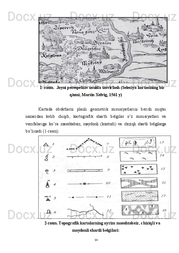 1 –rasm.  Joyni perespektiv usulda tasvirlash (Seleziya kartasining bir
qismi, Martin Xelvig, 1561 y)
Kartada   obektlarni   planli   geometrik   xususiyatlarini   berish   nuqtai
nazaridan   kelib   chiqib,   kartografik   shartli   belgilar   o’z   xususiyatlari   va
vazifalariga   ko’ra   masshtabsiz,   maydonli   (konturli)   va   chiziqli   shartli   belgilarga
bo’linadi (1-rasm).
2-rasm.   Topografik kartalarning  ayrim masshtabsiz, chiziqli va
maydonli shartli b elgilari:
14 