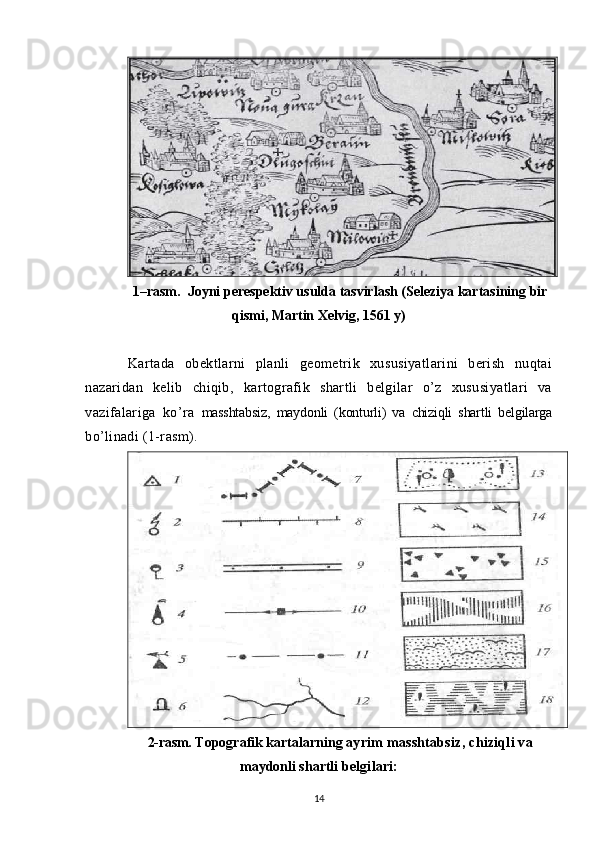 1 –rasm.  Joyni perespektiv usulda tasvirlash (Seleziya kartasining bir
qismi, Martin Xelvig, 1561 y)
Kartada   obektlarni   planli   geometrik   xususiyatlarini   berish   nuqtai
nazaridan   kelib   chiqib,   kartografik   shartli   belgilar   o’z   xususiyatlari   va
vazifalariga   ko’ra   masshtabsiz,   maydonli   (konturli)   va   chiziqli   shartli   belgilarga
bo’linadi (1-rasm).
2-rasm.   Topografik kartalarning  ayrim masshtabsiz, chiziqli va
maydonli shartli b elgilari:
14