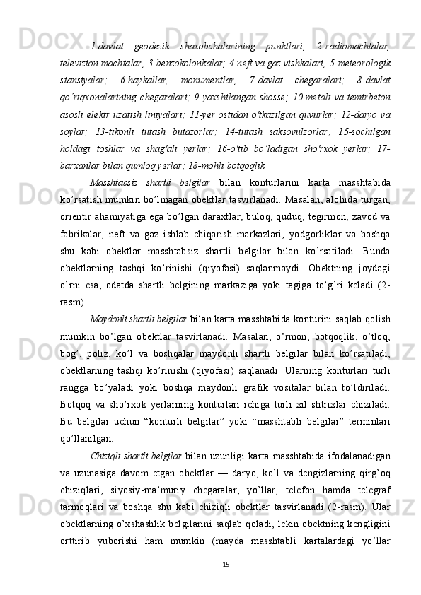 1-davlat   geodezik   shaxobchalarining   punktlari;   2-radiomachtalar,
televizion machtalar; 3-benzokolonkalar; 4-neft va gaz vishkalari; 5-meteorologik
stansiyalar;   6-haykallar,   monumentlar;   7-davlat   chegaralari;   8-davlat
qo‘riqxonalarining   chegaralari;   9-yaxshilangan   shosse;   10-metali   va   temirbeton
asosli   elektr   uzatish   liniyalari;   11-yer   ostidan   о'tkazilgan   quvurlar;   12-daryo   va
soylar;   13-tikonli   tutash   butazorlar;   14-tutash   saksovulzorlar;   15-sochilgan
holdagi   toshlar   va   shag'ali   yerlar;   16-o'tib   bo‘ladigan   sho'rxok   yerlar;   17-
barxanlar bilan qumloq yerlar; 18-mohli botqoqlik.
Masshtabsiz   shartli   belgilar   bilan   konturlarini   karta   masshtabida
ko’rsatish   mumkin   bo’lmagan   obektlar   tasvirlanadi.   Masalan,   alohida   turgan,
orientir   ahamiyatiga  ega   bo’lgan  daraxtlar,  buloq,  quduq,  tegirmon,  zavod  va
fabrikalar,   neft   va   gaz   ishlab   chiqarish   markazlari,   yodgorliklar   va   boshqa
shu   kabi   obektlar   masshtabsiz   shartli   belgilar   bilan   ko’rsatiladi.   Bunda
obektlarning   tashqi   ko’rinishi   (qiyofasi)   saqlanmaydi.   Obektning   joydagi
o’rni   esa,   odatda   shartli   belgining   markaziga   yoki   tagiga   to’g’ri   keladi   (2-
rasm).
Maydonli shartli belgilar  bilan karta masshtabida konturini saqlab qolish
mumkin   bo’lgan   obektlar   tasvirlanadi.   Masalan,   o’rmon,   botqoqlik,   o’tloq,
bog’,   poliz,   ko’l   va   boshqalar   maydonli   shartli   belgilar   bilan   ko’rsatiladi,
obektlarning   tashqi   ko’rinishi   (qiyofasi)   saqlanadi.   Ularning   konturlari   turli
rangga   bo’yaladi   yoki   boshqa   maydonli   grafik   vositalar   bilan   to’ldiriladi.
Botqoq   va   sho’rxok   yerlarning   konturlari   ichiga   turli   xil   shtrixlar   chiziladi.
Bu   belgilar   uchun   “konturli   belgilar”   yoki   “masshtabli   belgilar”   terminlari
qo’llanilgan.
Chiziqli shartli belgilar   bilan   uzunligi   karta   masshtabida   ifodalanadigan
va   uzunasiga   davom   etgan   obektlar   —   daryo,   ko’l   va   dengizlarning   qirg’oq
chiziqlari,   siyosiy-ma’muriy   chegaralar,   yo’llar,   telefon   hamda   telegraf
tarmoqlari   va   boshqa   shu   kabi   chiziqli   obektlar   tasvirlanadi   (2-rasm).   Ular
obektlarning o’xshashlik  belgilarini  saqlab qoladi, lekin obektning kengligini
orttirib   yuborishi   ham   mumkin   (mayda   masshtabli   kartalardagi   yo’llar
15 