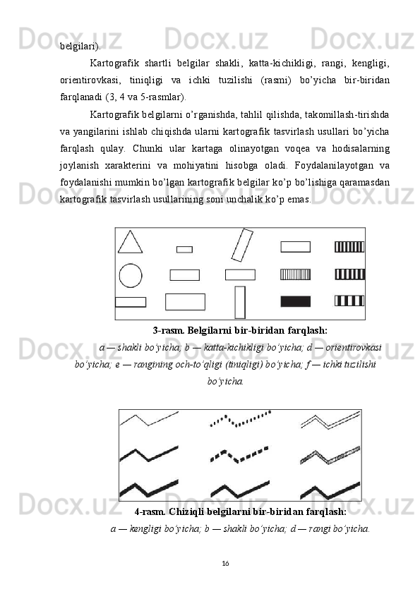 belgilari).
Kartografik   shartli   belgilar   shakli,   katta-kichikligi,   rangi,   kengligi,
orientirovkasi,   tiniqligi   va   ichki   tuzilishi   (rasmi)   bo’yicha   bir-biridan
farqlanadi (3, 4 va 5-rasmlar).
Kartografik belgilarni o’rganishda, tahlil qilishda, takomillash-tirishda
va   yangilarini   ishlab   chiqishda   ularni   kartografik   tasvirlash   usullari   bo’yicha
farqlash   qulay.   Chunki   ular   kartaga   olinayotgan   voqea   va   hodisalarning
joylanish   xarakterini   va   mohiyatini   hisobga   oladi.   Foydalanilayotgan   va
foydalanishi mumkin bo’lgan kartografik belgilar ko’p bo’lishiga qaramasdan
kartografik tasvirlash usullarining soni unchalik ko’p emas. 
3 - rasm.  Belgilarni bir-biridan farqlash:
a — shakli bo’yicha; b — katta-kichikligi bo’yicha; d — orientirovkasi
bo’yicha; e — rangining och-to’qligi (tiniqligi) bo’yicha; f — ichki tuzilishi
bo’yicha.
4 - rasm .  Chiziqli belgilarni bir-biridan farqlash:
a — kengligi bo’yicha; b — shakli bo’yicha; d — rangi bo’yicha.
16 