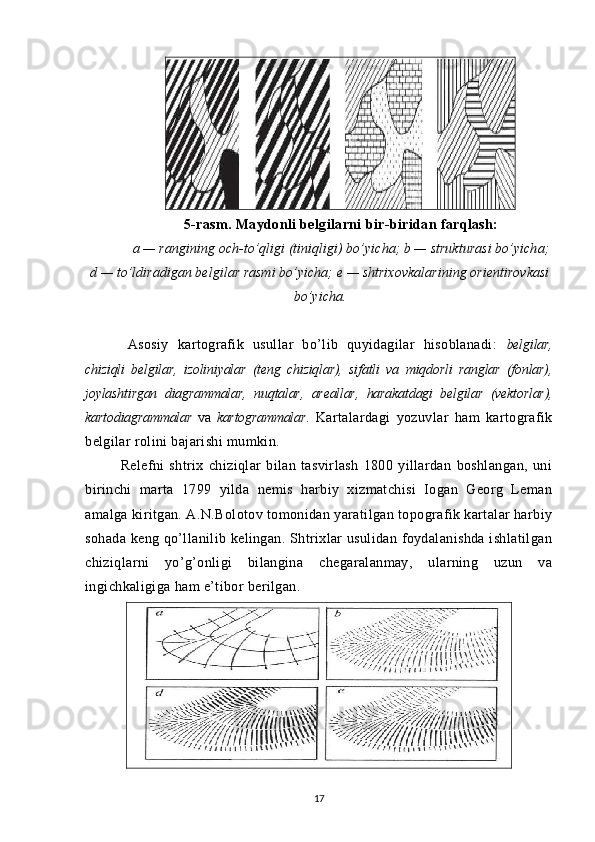 5 -rasm. Maydonli belgilarni bir-biridan farqlash:
a — rangining och-to’qligi (tiniqligi) bo’yicha; b — strukturasi bo’yicha;
d — to’ldiradigan belgilar rasmi bo’yicha; e — shtrixovkalarining orientirovkasi
bo’yicha.
Asosiy   kartografik   usullar   bo’lib   quyidagilar   hisoblanadi:   belgilar,
chiziqli   belgilar,   izoliniyalar   (teng   chiziqlar),   sifatli   va   miqdorli   ranglar   (fonlar),
joylashtirgan   diagrammalar,   nuqtalar,   areallar,   harakatdagi   belgilar   (vektorlar),
kartodiagrammalar   va   kartogrammalar .   Kartalardagi   yozuvlar   ham   kartografik
belgilar rolini bajarishi mumkin.
Relefni   shtrix   chiziqlar   bilan   tasvirlash   1800   yillardan   boshlangan,   uni
birinchi   marta   1799   yilda   nemis   harbiy   xizmatchisi   Iogan   Georg   Leman
amalga kiritgan. A.N.Bolotov tomonidan yaratilgan topografik kartalar harbiy
sohada keng qo’llanilib kelingan. Shtrixlar usulidan foydalanishda ishlatilgan
chiziqlarni   yo’g’onligi   bilangina   chegaralanmay,   ularning   uzun   va
ingichkaligiga ham e’tibor berilgan.   
17 