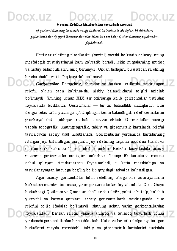 6-rasm.  Relefni shtrixlar bilan tasvirlash sxemasi.
a) gorizontallarning ko’rinishi va qiyaliklarni ko’rsatuvchi chiziqlar; b) shtrixlarni
joylashtirilishi; d) qiyaliklarning shtrixlar bilan ko’rsatilishi; e) shtrixlarning soyalaridan
foydalanish.
Shtrixlar   relefning   plastikasini   (yuzini)   yaxshi   ko’rsatib   qolmay,   uning
morfologik   xususiyatlarini   ham   ko’rsatib   beradi,   lekin   nuqtalarning   mutloq
va nisbiy balandliklarini aniq bermaydi. Undan tashqari, bu usuldan relefning
barcha shakllarini to’liq tasvirlab bo’lmaydi .  
Gorizontallar.   Perspektiv,   shtrixlar   va   boshqa   usullarda   tasvirlangan
relefni   o’qish   oson   ko’rinsa-da,   nisbiy   balandliklarni   to’g’ri   aniqlab
bo’lmaydi.   Shuning   uchun   XIX   asr   oxirlariga   kelib   gorizontallar   usulidan
foydalanila   boshlandi.   Gorizontallar   —   bir   xil   balandlikli   chiziqlardir.   Ular
dengiz   tekis   sathi   yuzasiga   qabul qilingan kesim balandligida   relef   kesmalarini
proeksiyalashda   qoldirgan   iz   kabi   tasavvur   etiladi.   Gorizontallar   hozirgi
vaqtda   topografik,   umumgeografik,   tabiiy   va   gipsomertik   kartalarda   relefni
tasvirlovchi   asosiy   usul   hisoblanadi.   Gorizontal lar   yordamida   karta lar ning
istal gan   joyi   balandligini   aniqlash ,   joy   relefining   raqamli   modelini   tuzish   va
morfometrik   ko’rsatkichlarini   olish   mumkin.   Relefni   tasvirlashda   asosiy
muammo   gorizontallar   oralig’ini   tanlashdir.   Topografik   kartalarda   maxsus
qabul   qilingan   standartlardan   foydalaniladi,   u   karta   masshtabiga   va
tasvirlanayotgan hududga bog’liq bo’lib quyidagi jadvalda ko’rsatilgan.
Agar   asosiy   gorizontallar   bilan   relefning   o’ziga   xos   xususiyatlarini
ko’rsatish mumkin bo’lmasa,  yarim gorizontallardan  foydalaniladi. O’rta Osiyo
hududidagi Qizilqum va Qoraqum cho’llarida relefni, ya’ni to’p-to’p, ko’chib
yuruvchi   va   barxan   qumlarni   asosiy   gorizontallarda   tasvirlaganda,   qum
relefini   to’liq   ifodalab   bo’lmaydi,   shuning   uchun   yarim   gorizontallardan
foydalaniladi.   Ba’zan   relefni   yanada   aniqroq   va   to’laroq   tasvirlash   uchun
yordamchi gorizontal lardan  ham ishlatiladi. Katta va har xil relefga ega bo’lgan
hududlarni   mayda   masshtabli   tabiiy   va   gipsometrik   kartalarini   tuzishda
18 