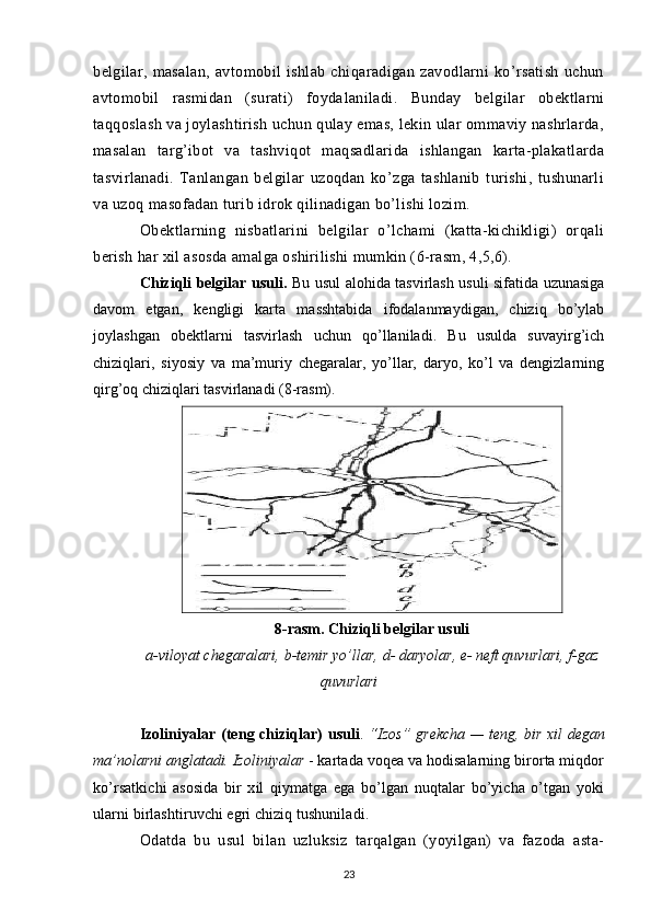 belgilar,   masalan,   avtomobil   ishlab   chiqaradigan   zavodlarni   ko’rsatish   uchun
avtomobil   rasmidan   (surati)   foyda laniladi.   Bunday   belgilar   obektlarni
taqqoslash va joylashtirish uchun qulay emas, lekin ular ommaviy nashrlarda,
masalan   targ’ibot   va   tashviqot   maqsadlarida   ishlangan   karta-plakatlarda
tasvirlanadi.   Tanlangan   belgilar   uzoqdan   ko’zga   tashlanib   turishi,   tushunarli
va uzoq masofadan turib idrok qilinadigan bo’lishi lozim.
Obektlarning   nisbatlarini   belgilar   o’lchami   (katta-kichikligi)   orqali
berish har xil asosda amalga oshirilishi mumkin (6-rasm, 4,5,6).
Chiziqli belgilar usuli.   Bu usul alohida tasvirlash usuli sifatida uzunasiga
davom   etgan,   kengligi   karta   masshtabida   ifodalanmaydigan,   chiziq   bo’ylab
joylashgan   obektlarni   tasvirlash   uchun   qo’llaniladi.   Bu   usulda   suvayirg’ich
chiziqlari,   siyosiy   va   ma’muriy   chegaralar,   yo’llar,   daryo,   ko’l   va   dengizlarning
qirg’oq chiziqlari tasvirlanadi (8-rasm).
8 -rasm. C h iziqli belgilar usuli
a -viloyat chegaralari,  b -temir yo’llar,  d - daryolar,  e - neft quvurlari,  f -gaz
quvurlari
Izoliniyalar (teng chiziqlar) usuli .   “ Izos”   grekcha — teng, bir xil degan
ma’nolarni anglatadi.   Izoli niyalar  - kartada voqea va hodisalarning birorta miqdor
ko’rsatkichi   asosida   bir   xil   qiymatga   ega   bo’lgan   nuqtalar   bo’yicha   o’tgan   yoki
ularni birlashtiruvchi egri chiziq tushuniladi.
Odatda   bu   usul   bilan   uzluksiz   tarqalgan   (yoyilgan)   va   fazoda   asta-
23 