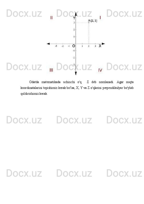 Odatda   matematikada   uchinchi   o'q     Z   deb   nomlanadi.   Agar   nuqta
koordinatalarini topishimiz kerak bo'lsa, X, Y va Z o'qlarini perpendikulyar bo'ylab
qoldirishimiz kerak. 