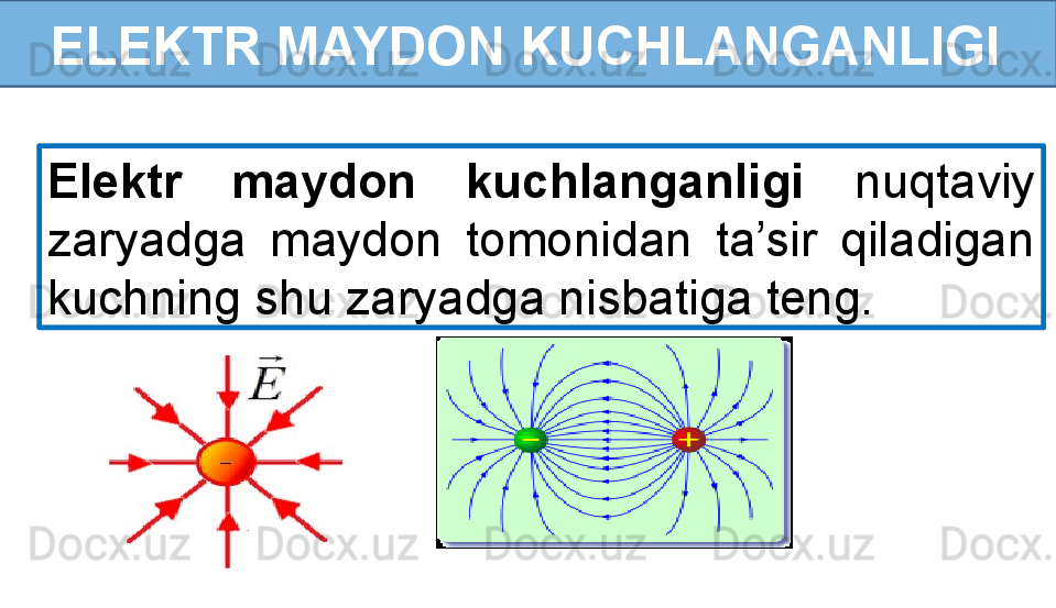 ELEKTR MAYDON KUCHLANGANLIGI
Elektr  maydon  kuchlanganligi  nuqtaviy 
zaryadga  maydon  tomonidan  ta’sir  qiladigan 
kuchning shu zaryadga nisbatiga teng.