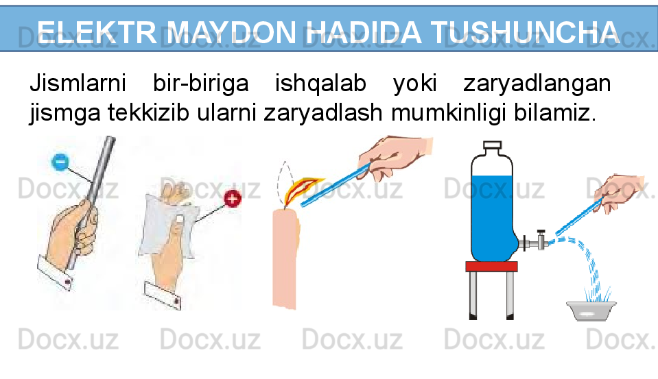   ELEKTR MAYDON HADIDA TUSHUNCHA 
Jismlarni  bir-biriga  ishqalab  yoki  zaryadlangan 
jismga tekkizib ularni zaryadlash mumkinligi bilamiz.  