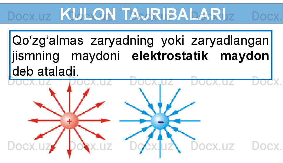   KULON TAJRIBALARI
Qo‘zg‘almas  zaryadning  yoki  zaryadlangan 
jismning  maydoni  elektrostatik  maydon 
deb ataladi. 