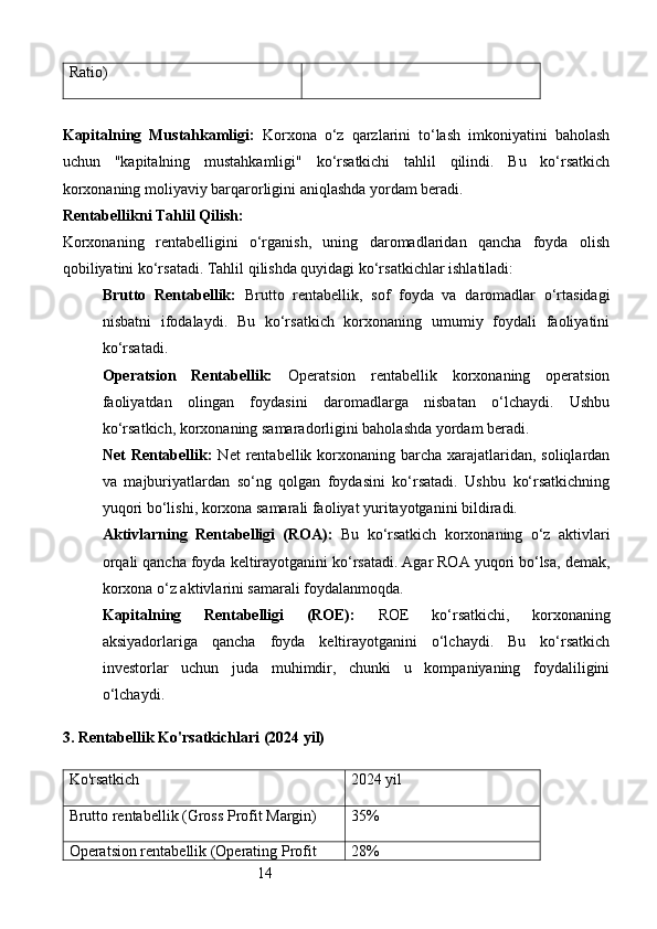 14Ratio)
Kapitalning   Mustahkamligi:   Korxona   o‘z   qarzlarini   to‘lash   imkoniyatini   baholash
uchun   "kapitalning   mustahkamligi"   ko‘rsatkichi   tahlil   qilindi.   Bu   ko‘rsatkich
korxonaning moliyaviy barqarorligini aniqlashda yordam beradi.
Rentabellikni Tahlil Qilish:
Korxonaning   rentabelligini   o‘rganish,   uning   daromadlaridan   qancha   foyda   olish
qobiliyatini ko‘rsatadi. Tahlil qilishda quyidagi ko‘rsatkichlar ishlatiladi:
Brutto   Rentabellik:   Brutto   rentabellik,   sof   foyda   va   daromadlar   o‘rtasidagi
nisbatni   ifodalaydi.   Bu   ko‘rsatkich   korxonaning   umumiy   foydali   faoliyatini
ko‘rsatadi.
Operatsion   Rentabellik:   Operatsion   rentabellik   korxonaning   operatsion
faoliyatdan   olingan   foydasini   daromadlarga   nisbatan   o‘lchaydi.   Ushbu
ko‘rsatkich, korxonaning samaradorligini baholashda yordam beradi.
Net  Rentabellik:   Net  rentabellik korxonaning barcha xarajatlaridan, soliqlardan
va   majburiyatlardan   so‘ng   qolgan   foydasini   ko‘rsatadi.   Ushbu   ko‘rsatkichning
yuqori bo‘lishi, korxona samarali faoliyat yuritayotganini bildiradi.
Aktivlarning   Rentabelligi   (ROA):   Bu   ko‘rsatkich   korxonaning   o‘z   aktivlari
orqali qancha foyda keltirayotganini ko‘rsatadi. Agar ROA yuqori bo‘lsa, demak,
korxona o‘z aktivlarini samarali foydalanmoqda.
Kapitalning   Rentabelligi   (ROE):   ROE   ko‘rsatkichi,   korxonaning
aksiyadorlariga   qancha   foyda   keltirayotganini   o‘lchaydi.   Bu   ko‘rsatkich
investorlar   uchun   juda   muhimdir,   chunki   u   kompaniyaning   foydaliligini
o‘lchaydi.
3. Rentabellik Ko'rsatkichlari (2024 yil)
Ko'rsatkich 2024 yil
Brutto rentabellik (Gross Profit Margin) 35%
Operatsion rentabellik (Operating Profit  28% 