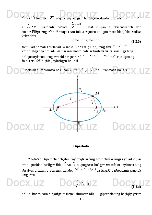   va   fokuslar     o’qida   joylashgan   bo’lib,koordinata   boshidan   ,
  masofada   bo’ladi.     nisbat   ellipsning   ekssentrisiteti   deb
ataladi.Ellipsning   nuqtasidan fokuslargacha bo’lgan masofalar(fokal radius
vektorlar) 
                                                                                              (1.2.5)
formulalar orqali aniqlanadi.Agar  bo’lsa, (1.2.5) tenglama   
ko’rinishga ega bo’ladi.Bu markazi koordinatalar boshida va radiusi  a
 ga teng 
bo’lgan aylanani tenglamasidir.Agar     bo’lsa,ellipsning 
fokuslari  OY  o’qida joylashgan bo’ladi.
    Fokuslari koordinata boshidan  ,  masofada bo’ladi.
Giperbola.
    
     1.2.3-ta’rif. Giperbola deb,shunday nuqtalarning geometrik o’rniga aytiladiki,har
bir nuqtasidan berilgan ikki     va     nuqtagacha bo’lgan masofalar   ayirmasining
absalyut qiymati o’zgarmas miqdor   ga teng.Giperbolaning kanonik
tenglamsi
                                                                                                            (1.2.6)
bo’lib, koordinara o’qlariga nisbatan simmetrikdir.   giperbolaning haqiqiy yarim
13 