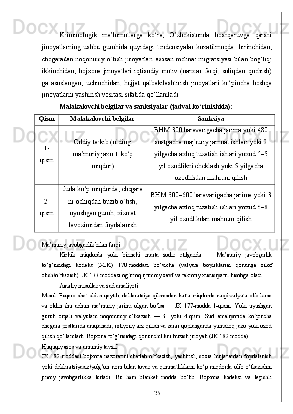 Kriminologik   ma’lumotlarga   ko‘ra,   O’zbekistonda   boshqaruvga   qarshi
jinoyatlarning   ushbu   guruhida   quyidagi   tendensiyalar   kuzatilmoqda:   birinchidan,
chegaradan noqonuniy o‘tish jinoyatlari asosan mehnat migratsiyasi bilan bog’liq;
ikkinchidan,   bojxona   jinoyatlari   iqtisodiy   motiv   (narxlar   farqi,   soliqdan   qochish)
ga   asoslangan;   uchinchidan,   hujjat   qalbakilashtirish   jinoyatlari   ko‘pincha   boshqa
jinoyatlarni yashirish vositasi sifatida qo‘llaniladi.
Malakalovchi belgilar va sanksiyalar (jadval ko‘rinishida):
Qism Malakalovchi belgilar Sanksiya
1-
qism Oddiy tarkib (oldingi
ma’muriy jazo + ko‘p
miqdor) BHM 300 baravarigacha jarima yoki 480
soatgacha majburiy jamoat ishlari yoki 2
yilgacha axloq tuzatish ishlari yoxud 2–5
yil ozodlikni cheklash yoki 5 yilgacha
ozodlikdan mahrum qilish
2-
qism Juda ko‘p miqdorda, chegara
ni ochiqdan buzib o‘tish,
uyushgan guruh, xizmat
lavozimidan foydalanish BHM 300–600 baravarigacha jarima yoki 3
yilgacha axloq tuzatish ishlari yoxud 5–8
yil ozodlikdan mahrum qilish
Ma ’ muriy   javobgarlik   bilan   farqi .  
Kichik   miqdorda   yoki   birinchi   marta   sodir   etilganda   —   Ma ’ muriy   javobgarlik
to ‘ g ‘ risidagi   kodeks   ( MJK )   170- moddasi   bo ‘ yicha   ( valyuta   boyliklarini   qonunga   xilof
olish / o ‘ tkazish ).  JK  177- moddasi   og ‘ irroq   ijtimoiy   xavf   va   takroriy   xususiyatni   hisobga   oladi .
Amaliy misollar va sud amaliyoti.  
Misol: Fuqaro chet eldan qaytib, deklaratsiya qilmasdan katta miqdorda naqd valyuta olib kirsa
va   oldin   shu   uchun   ma’muriy   jarima   olgan   bo‘lsa   —   JK   177-modda   1-qismi.   Yoki   uyushgan
guruh   orqali   valyutani   noqonuniy   o‘tkazish   —   3-   yoki   4-qism.   Sud   amaliyotida   ko‘pincha
chegara postlarida aniqlanadi; ixtiyoriy arz qilish va zarar qoplanganda yumshoq jazo yoki ozod
qilish qo‘llaniladi. Bojxona to‘g‘risidagi qonunchilikni buzish jinoyati (JK 182-modda)
Huquqiy asos va umumiy tavsif.  
JK   182-moddasi  bojxona  nazoratini  chetlab   o‘tkazish,  yashirish,  soxta  hujjatlardan  foydalanish
yoki deklaratsiyasiz/yolg‘on  nom bilan tovar va qimmatliklarni  ko‘p miqdorda olib  o‘tkazishni
jinoiy   javobgarlikka   tortadi.   Bu   ham   blanket   modda   bo‘lib,   Bojxona   kodeksi   va   tegishli
25 