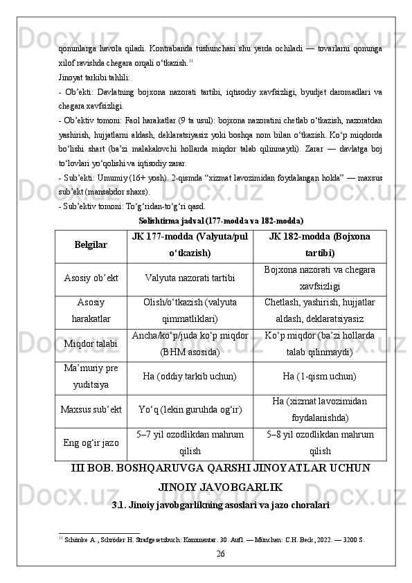 qonunlarga   havola   qiladi.   Kontrabanda   tushunchasi   shu   yerda   ochiladi   —   tovarlarni   qonunga
xilof ravishda chegara orqali o‘tkazish. 11
Jinoyat tarkibi tahlili:
-   Ob’ekti:   Davlatning   bojxona   nazorati   tartibi,   iqtisodiy   xavfsizligi,   byudjet   daromadlari   va
chegara xavfsizligi.
- Ob’ektiv tomoni: Faol harakatlar (9 ta usul): bojxona nazoratini chetlab o‘tkazish, nazoratdan
yashirish,   hujjatlarni   aldash,   deklaratsiyasiz   yoki   boshqa   nom   bilan   o‘tkazish.   Ko‘p   miqdorda
bo‘lishi   shart   (ba’zi   malakalovchi   hollarda   miqdor   talab   qilinmaydi).   Zarar   —   davlatga   boj
to‘lovlari yo‘qolishi va iqtisodiy zarar.
- Sub’ekti: Umumiy (16+ yosh). 2-qismda “xizmat lavozimidan foydalangan holda” — maxsus
sub’ekt (mansabdor shaxs).
- Sub’ektiv tomoni: To‘g‘ridan-to‘g‘ri qasd.
Solishtirma jadval (177-modda va 182-modda)
Belgilar JK 177-modda (Valyuta/pul
o‘tkazish) JK 182-modda (Bojxona
tartibi)
Asosiy ob’ekt Valyuta nazorati tartibi Bojxona nazorati va chegara
xavfsizligi
Asosiy
harakatlar Olish/o‘tkazish (valyuta
qimmatliklari) Chetlash, yashirish, hujjatlar
aldash, deklaratsiyasiz
Miqdor talabi Ancha/ko‘p/juda ko‘p miqdor
(BHM asosida) Ko‘p miqdor (ba’zi hollarda
talab qilinmaydi)
Ma’muriy pre
yuditsiya Ha (oddiy tarkib uchun) Ha (1-qism uchun)
Maxsus sub’ekt Yo‘q (lekin guruhda og‘ir) Ha (xizmat lavozimidan
foydalanishda)
Eng og‘ir jazo 5–7 yil ozodlikdan mahrum
qilish 5–8 yil ozodlikdan mahrum
qilish
III   BOB .  BOSHQARUVGA   QARSHI   JINOYATLAR   UCHUN
JINOIY   JAVOBGARLIK
3.1. Jinoiy javobgarlikning asoslari va jazo choralari
11
 Schönke A., Schröder H. Strafgesetzbuch: Kommentar. 30. Aufl. — München: C.H. Beck, 2022. — 3200 S.
26 