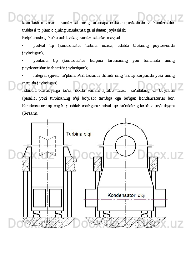 tasniflash   mumkin   -   kondensatorning   turbinaga   nisbatan   joylashishi   va   kondensator
trubkasi to'plam o'qining uzunlamasıga nisbatan joylashishi
Belgilanishiga ko’ra uch turdagi kondensatorlar mavjud: 
 podval   tip   (kondensator   turbina   ostida,   odatda   blokning   poydevorida
joylashgan);
 yonlama   tip   (kondensator   korpusi   turbinaning   yon   tomonida   uning
poydevoridan tashqarida joylashgan);
 integral   (quvur   to'plami   Past   Bosimli   Silindr   ning   tashqi   korpusida   yoki   uning
qismida joylashgan).
Ikkinchi   xususiyatga   ko'ra,   ikkita   variant   ajralib   turadi:   ko'ndalang   va   bo'ylama
(parallel   yoki   turbinaning   o'qi   bo'ylab)   tartibga   ega   bo'lgan   kondansatorlar   bor.
Kondensatorning eng ko'p ishlatilinadigani podval tipi ko'ndalang tartibda joylashgani
(3-rasm).   