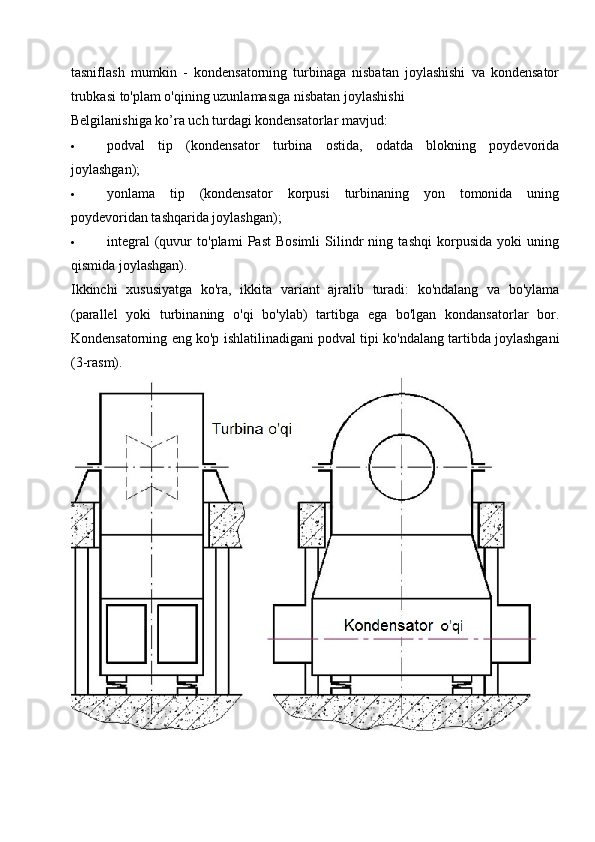 tasniflash   mumkin   -   kondensatorning   turbinaga   nisbatan   joylashishi   va   kondensator
trubkasi to'plam o'qining uzunlamasıga nisbatan joylashishi
Belgilanishiga ko’ra uch turdagi kondensatorlar mavjud: 
 podval   tip   (kondensator   turbina   ostida,   odatda   blokning   poydevorida
joylashgan);
 yonlama   tip   (kondensator   korpusi   turbinaning   yon   tomonida   uning
poydevoridan tashqarida joylashgan);
 integral   (quvur   to'plami   Past   Bosimli   Silindr   ning   tashqi   korpusida   yoki   uning
qismida joylashgan).
Ikkinchi   xususiyatga   ko'ra,   ikkita   variant   ajralib   turadi:   ko'ndalang   va   bo'ylama
(parallel   yoki   turbinaning   o'qi   bo'ylab)   tartibga   ega   bo'lgan   kondansatorlar   bor.
Kondensatorning eng ko'p ishlatilinadigani podval tipi ko'ndalang tartibda joylashgani
(3-rasm).