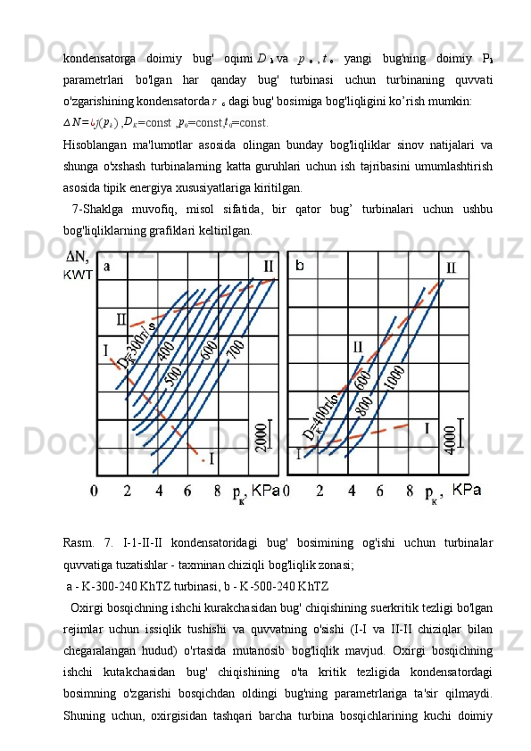 kondensatorga   doimiy   bug'   oqimi   D  
k   va   p  
o   ,   t  
o   yangi   bug'ning   doimiy   P
k
parametrlari   bo'lgan   har   qanday   bug'   turbinasi   uchun   turbinaning   quvvati
o'zgarishining kondensatorda   r  
c   dagi bug' bosimiga bog'liqligini ko’rish mumkin:
∆ N = ¿
f (pk )  	, D
K = const , p
0 = const, t
0 = const.             
Hisoblangan   ma'lumotlar   asosida   olingan   bunday   bog'liqliklar   sinov   natijalari   va
shunga   o'xshash   turbinalarning   katta   guruhlari   uchun   ish   tajribasini   umumlashtirish
asosida tipik energiya xususiyatlariga kiritilgan.
  7-Shaklga   muvofiq,   misol   sifatida,   bir   qator   bug’   turbinalari   uchun   ushbu
bog'liqliklarning grafiklari keltirilgan.
Rasm.   7.   I-1-II-II   kondensatoridagi   bug'   bosimining   og'ishi   uchun   turbinalar
quvvatiga tuzatishlar - taxminan chiziqli bog'liqlik zonasi;
 a - K-300-240 KhTZ turbinasi, b - K-500-240 KhTZ
   Oxirgi bosqichning ishchi kurakchasidan bug' chiqishining suerkritik tezligi bo'lgan
rejimlar   uchun   issiqlik   tushishi   va   quvvatning   o'sishi   (I-I   va   II-II   chiziqlar   bilan
chegaralangan   hudud)   o'rtasida   mutanosib   bog'liqlik   mavjud.   Oxirgi   bosqichning
ishchi   kutakchasidan   bug'   chiqishining   o'ta   kritik   tezligida   kondensatordagi
bosimning   o'zgarishi   bosqichdan   oldingi   bug'ning   parametrlariga   ta'sir   qilmaydi.
Shuning   uchun,   oxirgisidan   tashqari   barcha   turbina   bosqichlarining   kuchi   doimiy