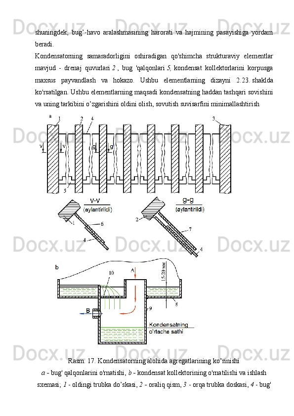 shuningdek,   bug’-havo   aralashmasining   harorati   va   hajmining   pasayishiga   yordam
beradi.
Kondensatorning   samaradorligini   oshiradigan   qo'shimcha   strukturaviy   elementlar
mavjud   -   drenaj   quvurlari   2   ,   bug   'qalqonlari   5,   kondensat   kollektorlarini   korpusga
maxsus   payvandlash   va   hokazo.   Ushbu   elementlarning   dizayni   2.23.   shaklda
ko'rsatilgan. Ushbu elementlarning maqsadi kondensatning haddan tashqari sovishini
va uning tarkibini o’zgarishini oldini olish, sovutish suvisarfini minimallashtirish
Rasm.   17.   Kondensatorning alohida agregatlarining ko’rinishi
a -  bug' qalqonlarini o'rnatishi,   b -  kondensat kollektorining o'rnatilishi va ishlash
sxemasi;   1   - oldingi trubka do’skasi,   2 -  oraliq qism,   3   - orqa trubka doskasi,   4   - bug' 