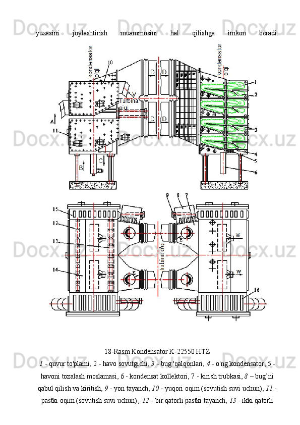 yuzasini   joylashtirish   muammosini   hal   qilishga   imkon   beradi.
18-Rasm   Kondensator K-22550 HTZ
1   - quvur to'plami, 2 - havo sovutgichi,   3   - bug 'qalqonlari,   4  - o'ng kondensator, 5 -
havoni tozalash moslamasi, 6 - kondensat kollektori, 7 - kirish trubkasi,   8 –   bug’ni
qabul qilish va kiritish,   9 -   yon tayanch,   10 -   yuqori oqim (sovutish suvi uchun),   11   -
pastki oqim (sovutish suvi uchun)   , 12 -   bir qatorli pastki tayanch,   13  - ikki qatorli 