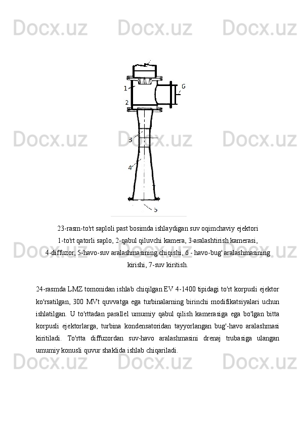  
23 -rasm-to'rt  saploli  past bosimda ishlaydigan suv oqimchaviy ejektori
1-to'rt qatorli saplo, 2-qabul qiluvchi kamera, 3-aralashtirish kamerasi,
4-diffuzor, 5-havo-suv aralashmasining chiqishi, 6 - havo-bug' aralashmasining
kirishi, 7-suv kiritish.
24-rasmda LMZ tomonidan ishlab chiqilgan EV 4-1400 tipidagi to'rt korpusli ejektor
ko'rsatilgan,   300   MVt   quvvatga   ega   turbinalarning   birinchi   modifikatsiyalari   uchun
ishlatilgan.   U   to'rttadan   parallel   umumiy   qabul   qilish   kamerasiga   ega   bo'lgan   bitta
korpusli   ejektorlarga,   turbina   kondensatoridan   tayyorlangan   bug'-havo   aralashmasi
kiritiladi.   To'rtta   diffuzordan   suv-havo   aralashmasini   drenaj   trubasiga   ulangan
umumiy konusli quvur shaklida ishlab chiqariladi.  