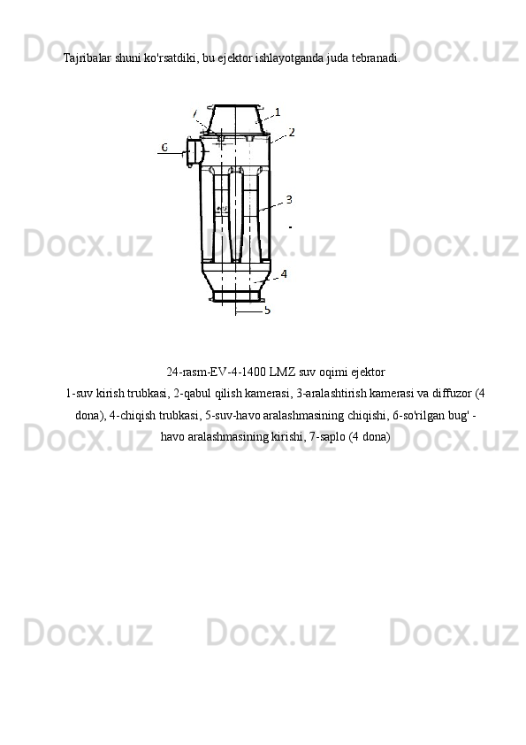 Tajriba lar  shuni ko'rsatdiki, bu ejektor ishlayotganda juda tebranadi.  
24 -rasm-EV-4-1400 LMZ suv oqimi ejektor
1-suv kirish trubkasi, 2-qabul qilish kamerasi, 3-aralashtirish kamerasi va diffuzor (4
dona), 4-chiqish trubkasi, 5-suv-havo aralashmasining chiqishi, 6-so'rilgan bug' -
havo aralashmasining kirishi, 7-saplo (4 dona) 