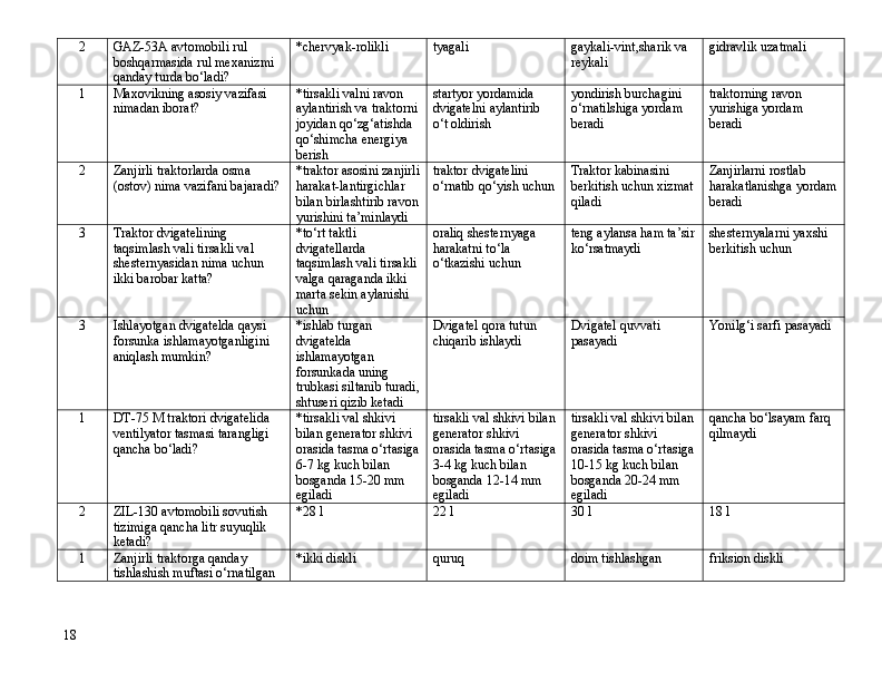 2 GAZ-53A avtomobili rul 
boshqarmasida rul mexanizmi 
qanday turda b о ‘ladi? *chervyak-rolikli tyagali gaykali-vint,sharik va 
reykali gidravlik uzatmali
1 Maxovikning asosiy vazifasi 
nimadan iborat? *tirsakli valni ravon 
aylantirish va traktorni
joyidan q о ‘zg‘atishda 
q о ‘shimcha energiya 
berish startyor yordamida 
dvigatelni aylantirib 
о ‘t oldirish yondirish burchagini 
о ‘rnatilshiga yordam 
beradi traktorning ravon 
yurishiga yordam 
beradi
2 Zanjirli traktorlarda osma 
(ostov) nima vazifani bajaradi? *traktor asosini zanjirli
harakat-lantirgichlar 
bilan birlashtirib ravon
yurishini ta’minlaydi traktor dvigatelini 
о ‘rnatib q о ‘yish uchun Traktor kabinasini 
berkitish uchun xizmat 
qiladi Zanjirlarni rostlab 
harakatlanishga yordam
beradi
3 Traktor dvigatelining 
taqsimlash vali tirsakli val 
shesternyasidan nima uchun 
ikki barobar katta? *t о ‘rt taktli 
dvigatellarda 
taqsimlash vali tirsakli 
valga qaraganda ikki 
marta sekin aylanishi 
uchun oraliq shesternyaga 
harakatni t о ‘la 
о ‘tkazishi uchun teng aylansa ham ta’sir
k о ‘rsatmaydi shesternyalarni yaxshi 
berkitish uchun
3 Ishlayotgan dvigatelda qaysi 
forsunka ishlamayotganligini 
aniqlash mumkin? *ishlab turgan 
dvigatelda 
ishlamayotgan 
forsunkada uning 
trubkasi siltanib turadi,
shtuseri qizib ketadi Dvigatel qora tutun 
chiqarib ishlaydi Dvigatel quvvati 
pasayadi Yonilg‘i sarfi pasayadi
1 DT-75 M traktori dvigatelida 
ventilyator tasmasi tarangligi 
qancha b о ‘ladi? *tirsakli val shkivi 
bilan generator shkivi 
orasida tasma  о ‘rtasiga
6-7 kg kuch bilan 
bosganda 15-20 mm 
e giladi tirsakli val shkivi bilan
generator shkivi 
orasida tasma  о ‘rtasiga
3-4 kg kuch bilan 
bosganda 12-14 mm 
e giladi tirsakli val shkivi bilan
generator shkivi 
orasida tasma  о ‘rtasiga
10-15 kg kuch bilan 
bosganda 20-24 mm 
e giladi qancha bо‘lsayam farq 
qilmaydi
2 ZIL-130 avtomobili sovutish 
tizimiga qancha litr suyuqlik 
ketadi? *28 l 22 l 30 l 18 l
1 Zanjirli traktorga qanday 
tishlashish muftasi  о ‘rnatilgan *ikki diskli quruq doim tishlashgan friksion diskli
18 