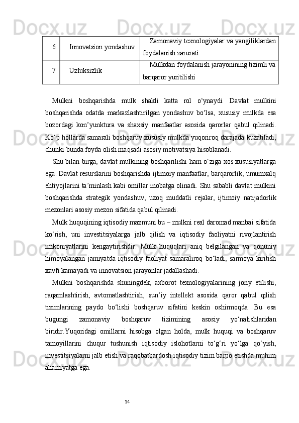146 Innovatsion yondashuv Zamonaviy texnologiyalar va yangiliklardan
foydalanish zarurati
7 Uzluksizlik Mulkdan foydalanish jarayonining tizimli va
barqaror yuritilishi
Mulkni   boshqarishda   mulk   shakli   katta   rol   o‘ynaydi.   Davlat   mulkini
boshqarishda   odatda   markazlashtirilgan   yondashuv   bo‘lsa,   xususiy   mulkda   esa
bozordagi   kon’yunktura   va   shaxsiy   manfaatlar   asosida   qarorlar   qabul   qilinadi.
Ko‘p hollarda samarali boshqaruv xususiy mulkda yuqoriroq darajada kuzatiladi,
chunki bunda foyda olish maqsadi asosiy motivatsiya hisoblanadi.
Shu bilan birga, davlat mulkining boshqarilishi ham o‘ziga xos xususiyatlarga
ega. Davlat resurslarini boshqarishda ijtimoiy manfaatlar, barqarorlik, umumxalq
ehtiyojlarini ta’minlash kabi omillar inobatga olinadi. Shu sababli davlat mulkini
boshqarishda   strategik   yondashuv,   uzoq   muddatli   rejalar,   ijtimoiy   natijadorlik
mezonlari asosiy mezon sifatida qabul qilinadi.
Mulk huquqining iqtisodiy mazmuni bu – mulkni real daromad manbai sifatida
ko‘rish,   uni   investitsiyalarga   jalb   qilish   va   iqtisodiy   faoliyatni   rivojlantirish
imkoniyatlarini   kengaytirishdir.   Mulk   huquqlari   aniq   belgilangan   va   qonuniy
himoyalangan   jamiyatda   iqtisodiy   faoliyat   samaraliroq   bo‘ladi,   sarmoya   kiritish
xavfi kamayadi va innovatsion jarayonlar jadallashadi.
Mulkni   boshqarishda   shuningdek,   axborot   texnologiyalarining   joriy   etilishi,
raqamlashtirish,   avtomatlashtirish,   sun’iy   intellekt   asosida   qaror   qabul   qilish
tizimlarining   paydo   bo‘lishi   boshqaruv   sifatini   keskin   oshirmoqda.   Bu   esa
bugungi   zamonaviy   boshqaruv   tizimining   asosiy   yo‘nalishlaridan
biridir.Yuqoridagi   omillarni   hisobga   olgan   holda,   mulk   huquqi   va   boshqaruv
tamoyillarini   chuqur   tushunish   iqtisodiy   islohotlarni   to‘g‘ri   yo‘lga   qo‘yish,
investitsiyalarni jalb etish va raqobatbardosh iqtisodiy tizim barpo etishda muhim
ahamiyatga ega. 