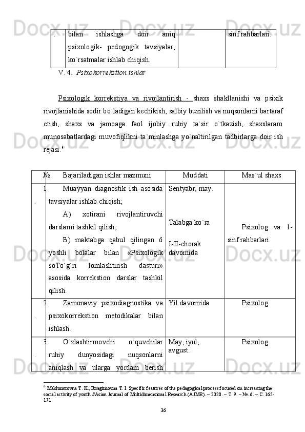 . bilan   ishlashga   doir   aniq
psixologik-   pedogogik   tavsiyalar,
ko`rsatmalar ishlab chiqish. sinf rahbarlari.
V. 4 .   Psixokorrekstion   ishlar
Psixologik   korrekstiya   va   rivojlantirish   -   shaxs   shakllanishi   va   psixik
rivojlanishida sodir bo`ladigan kechikish, salbiy buzilish va nuqsonlarni bartaraf
etish,   shaxs   va   jamoaga   faol   ijobiy   ruhiy   ta`sir   o`tkazish,   shaxslararo
munosabatlardagi   muvofiqlikni   ta`minlashga   yo`naltirilgan   tadbirlarga   doir   ish
rejasi. 6
№ Bajariladigan ishlar mazmuni Muddati Mas`ul shaxs
1
. Muayyan   diagnostik   ish   asosida
tavsiyalar ishlab chiqish;
A)   xotirani   rivojlantiruvchi
darslarni tashkil qilish;
B)   maktabga   qabul   qilingan   6
yoshli   bolalar   bilan   «Psixologik
soTo`g`ri   lomlashtirish   dasturi»
asosida   korrekstion   darslar   tashkil
qilish. Sentyabr, may.
Talabga ko`ra
I-II-chorak 
davomida Psixolog   va   1-
sinf rahbarlari.
2
. Zamonaviy   psixodiagnostika   va
psixokorrekstion   metodikalar   bilan
ishlash. Yil davomida Psixolog 
3
. O`zlashtirmovchi   o`quvchilar
ruhiy   dunyosidagi   nuqsonlarni
aniqlash   va   ularga   yordam   berish May, iyul, 
avgust. Psixolog 
6
  Makhmutovna T. K., Ibragimovna T. I. Specific features of the pedagogical process focused on increasing the 
social activity of youth //Asian Journal of Multidimensional Research (AJMR). – 2020. –  Т . 9. – №. 6. –  С . 165-
171.
36 