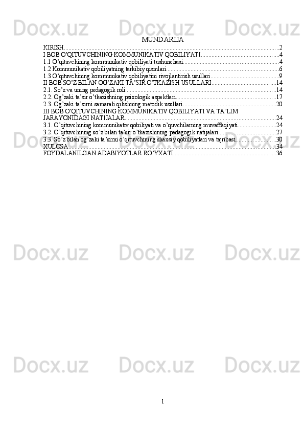 MUNDARIJA
KIRISH ............................................................................................................................................ 2
I BOB O’QITUVCHINING KOMMUNIKATIV QOBILIYATI ................................................... 4
1.1 O’qituvchining kommunikativ qobiliyati tushunchasi .............................................................. 4
1.2 Kommunikativ qobiliyatning tarkibiy qismlari ......................................................................... 6
1.3 O’qituvchining kommunikativ qobiliyatini rivojlantirish usullari ............................................. 9
II BOB SO’Z BILAN OG’ZAKI TA’SIR O’TKAZISH USULLARI .......................................... 14
2.1. So’z va uning pedagogik roli .................................................................................................. 14
2.2. Og’zaki ta’sir o’tkazishning psixologik aspektlari ................................................................. 17
2.3. Og’zaki ta’sirni samarali qilishning metodik usullari ............................................................. 20
III BOB O’QITUVCHINING KOMMUNIKATIV QOBILIYATI VA TA’LIM 
JARAYONIDAGI NATIJALAR .................................................................................................. 24
3.1. O’qituvchining kommunikativ qobiliyati va o’quvchilarning muvaffaqiyati ......................... 24
3.2. O’qituvchining so’z bilan ta’sir o’tkazishining pedagogik natijalari ..................................... 27
3.3. So’z bilan og’zaki ta’sirni o’qituvchining shaxsiy qobiliyatlari va tajribasi .......................... 30
XULOSA ....................................................................................................................................... 34
FOYDALANILGAN ADABIYOTLAR RO’YXATI ................................................................... 36
1 