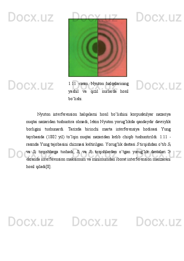 1.11   -rasm.   Nyuton   halqalarining
yashil   va   qizil   nurlarda   hosil
bo’lishi. 
Nyuton   interferension   halqalarni   hosil   bo’lishini   korpuskulyar   nazariya
nuqtai nazaridan tushuntira olmadi, lekin Nyuton yorug’likda qandaydir davriylik
borligini   tushunardi.   Tarixda   birinchi   marta   interferensiya   hodisasi   Yung
tajribasida   (1802   yil)   to’lqin   nuqtai   nazaridan   kelib   chiqib   tushuntirildi.   1.11   -
rasmda Yung tajribasini chizmasi keltirilgan. Yorug’lik dastasi  S  tirqishdan o’tib  S
1
va   S
2   tirqishlarga   tushadi,   S
1   va   S
2   tirqishlardan   o’tgan   yorug’lik   dastalari   Э
ekranda interferension maksimum va minimumdan iborat interferension manzarani
hosil qiladi[8].  