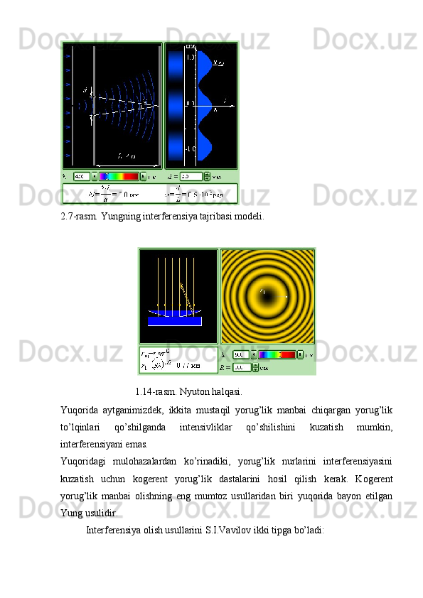 2.7-rasm. Yungning interferensiya tajribasi modeli.
 
1. 14 -rasm. Nyuton halqasi. 
Yuqorida   aytganimizdek,   ikkita   mustaqil   yorug’lik   manbai   chiqargan   yorug’lik
to’lqinlari   qo’shilganda   intensivliklar   qo’shilishini   kuzatish   mumkin,
interferensiyani emas.
Yuqoridagi   mulohazalardan   ko’rinadiki,   yorug’lik   nurlarini   interferensiyasini
kuzatish   uchun   kogerent   yorug’lik   dastalarini   hosil   qilish   kerak.   Kogerent
yorug’lik   manbai   olishning   eng   mumtoz   usullaridan   biri   yuqorida   bayon   etilgan
Yung usulidir. 
Interferensiya olish usullarini S.I.Vavilov ikki tipga bo’ladi:  