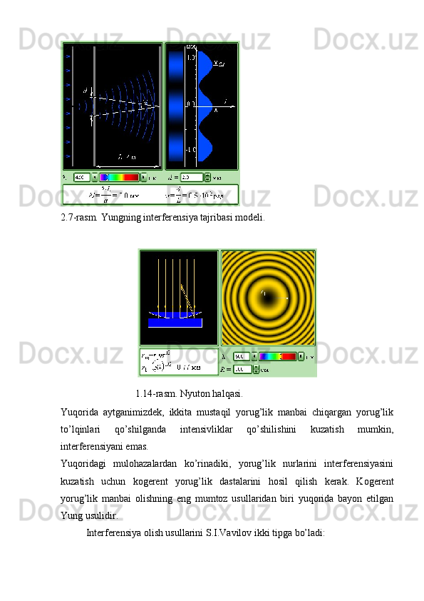 2.7-rasm. Yungning interferensiya tajribasi modeli.
 
1. 14 -rasm. Nyuton halqasi. 
Yuqorida   aytganimizdek,   ikkita   mustaqil   yorug’lik   manbai   chiqargan   yorug’lik
to’lqinlari   qo’shilganda   intensivliklar   qo’shilishini   kuzatish   mumkin,
interferensiyani emas.
Yuqoridagi   mulohazalardan   ko’rinadiki,   yorug’lik   nurlarini   interferensiyasini
kuzatish   uchun   kogerent   yorug’lik   dastalarini   hosil   qilish   kerak.   Kogerent
yorug’lik   manbai   olishning   eng   mumtoz   usullaridan   biri   yuqorida   bayon   etilgan
Yung usulidir. 
Interferensiya olish usullarini S.I.Vavilov ikki tipga bo’ladi: