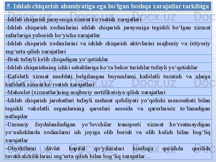 5 .  Ishlab chiqarish ahamiyatiga ega bo‘lgan boshqa xarajatlar tarkibiga
- Ishlab chiqarish jarayoniga xizmat ko‘rsatish xarajatlari
- Ishlab  chiqarish  xodimlarini  ishlab  chiqarish  jarayoniga  tegishli  bo‘lgan  xizmat 
safarlariga yuborish bo‘yicha xarajatlar
- Ishlab  chiqarish  xodimlarini  va  ishlab  chiqarish  aktivlarini  majburiy  va  ixtiyoriy 
sug‘urta qilish xarajatlari
- Brak tufayli kelib chiqadigan yo‘qotishlar
- Ishlab chiqarishning ichki sabablariga ko‘ra bekor turishlar tufayli yo‘qotishlar
- Kafolatli  xizmat  muddati  belgilangan  buyumlarni  kafolatli  tuzatish  va  ularga 
kafolatli xizmat ko‘rsatish xarajatlari
- Mahsulot (xizmatlar)ning majburiy sertifikatsiya qilish xarajatlari
- Ishlab  chiqarish  jarohatlari  tufayli  mehnat  qobiliyati  yo‘qolishi  munosabati  bilan 
tegishli  vakolatli  organlarning  qarorlari  asosida  va  qarorlarisiz  to‘lanadigan 
nafaqalar
- Umumiy  foydalaniladigan  yo‘lovchilar  transporti  xizmat  ko‘rsatmaydigan 
yo‘nalishlarda  xodimlarni  ish  joyiga  olib  borish  va  olib  kelish  bilan  bog‘liq 
xarajatlar
- Obyektlarni  davlat  kapital  qo‘yilmalari  hisobiga  qurishda  qurilish 
tavakkalchiliklarini sug‘urta qilish bilan bog‘liq xarajatlar …  