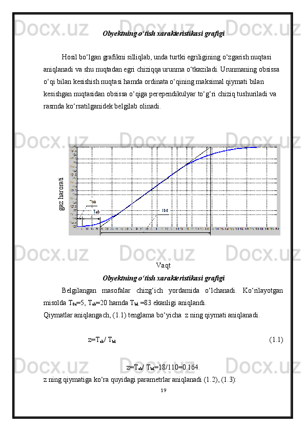 Obyektning о‘tish xarakteristikasi grafigi
Hosil bо‘lgan grafikni silliqlab, unda turtki egriligining о‘zgarish nuqtasi 
aniqlanadi va shu nuqtadan egri chiziqqa urunma о‘tkaziladi. Urunmaning obsissa 
о‘qi bilan kesishish nuqtasi hamda ordinata о‘qining maksimal qiymati bilan 
kesishgan nuqtasidan obsissa о‘qiga perependikulyar tо‘g‘ri chiziq tushuriladi va 
rasmda kо‘rsatilganidek belgilab olinadi.gaz harorati
Vaqt
Obyektning о‘tish xarakteristikasi grafigi
Belgilangan   masofalar   chizg‘ich   yordamida   о‘lchanadi.   Kо‘rilayotgan
misolda T
0a =5, T
ab =20 hamda T
bd  =83 ekanligi aniqlandi. 
Qiymatlar aniqlangach, (1.1) tenglama bо‘yicha  z ning qiymati aniqlanadi.
z=T
ab / T
bd (1.1)
z=T
ab / T
bd =18/110=0.164.
z ning qiymatiga kо‘ra quyidagi parametrlar aniqlanadi (1.2), (1.3):
19 