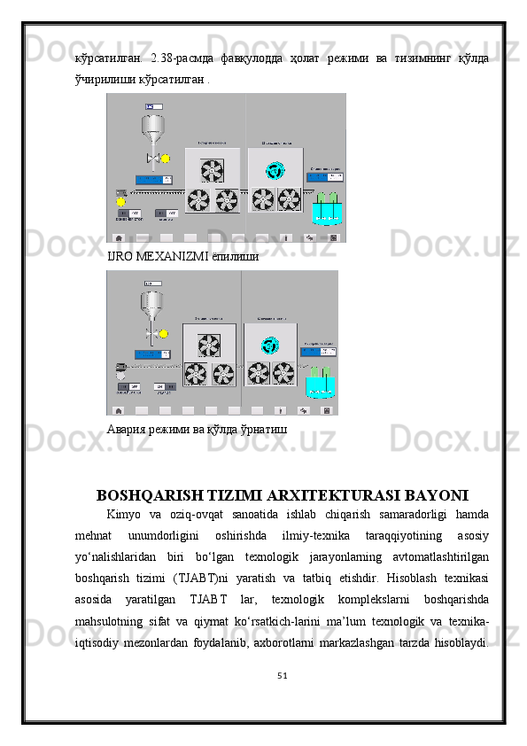 кўрсатилган.   2.38-расмда   фавқулодда   ҳолат   режими   ва   тизимнинг   қўлда
ўчирилиши кўрсатилган .
IJRO MEXANIZMI ёпилиши
Авария режими ва қўлда ўрнатиш
BOSHQARISH TIZIMI ARXITEKTURASI BAYONI
Kimyo   va   oziq-ovqat   sanoatida   ishlab   chiqarish   samaradorligi   hamda
mehnat   unumdorligini   oshirishda   ilmiy-texnika   taraqqiyotining   asosiy
yо‘nalishlaridan   biri   bо‘lgan   texnologik   jarayonlarning   avtomatlashtirilgan
boshqarish   tizimi   (TJABT)ni   yaratish   va   tatbiq   etishdir.   Hisoblash   texnikasi
asosida   yaratilgan   TJABT   lar,   texnologik   komplekslarni   boshqarishda
mahsulotning   sifat   va   qiymat   kо‘rsatkich-larini   ma’lum   texnologik   va   texnika-
iqtisodiy   mezonlardan   foydalanib,   axborotlarni   markazlashgan   tarzda   hisoblaydi.
51 