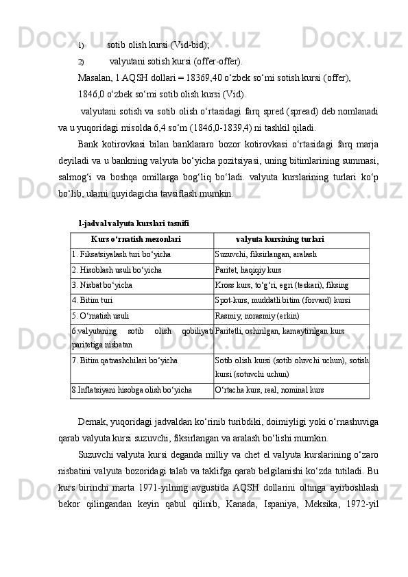 1) sotib olish kursi (Vid-bid);
2)  valyutani sotish kursi (offer-offer).
Masalan, 1 AQSH dollari = 18369,40 o‘zbek so‘mi sotish kursi (offer),
1846,0 o‘zbek so‘mi sotib olish kursi (Vid).
  valyutani sotish va sotib olish o‘rtasidagi farq spred (spread) deb nomlanadi
va u yuqoridagi misolda 6,4 so‘m (1846,0-1839,4) ni tashkil qiladi.
Bank   kotirovkasi   bilan   banklararo   bozor   kotirovkasi   o‘rtasidagi   farq   marja
deyiladi va u bankning valyuta bo‘yicha pozitsiyasi, uning bitimlarining summasi,
salmog‘i   va   boshqa   omillarga   bog‘liq   bo‘ladi.   valyuta   kurslarining   turlari   ko‘p
bo‘lib, ularni quyidagicha tavsiflash mumkin.
1-jadval valyuta kurslari tasnifi
Kurs o‘rnatish mezonlari   valyuta kursining turlari 
1. Fiksatsiyalash turi bo‘yicha  Suzuvchi, fiksirlangan, aralash 
2. Hisoblash usuli bo‘yicha  Paritet, haqiqiy kurs 
3. Nisbat bo‘yicha  Kross kurs, to‘g‘ri, egri (teskari), fiksing 
4. Bitim turi  Spot-kurs, muddatli bitim (forvard) kursi
5. O‘rnatish usuli  Rasmiy, norasmiy (erkin) 
6.valyutaning   sotib   olish   qobiliyati
paritetiga nisbatan  Paritetli, oshirilgan, kamaytirilgan kurs 
7. Bitim qatnashchilari bo‘yicha  Sotib olish kursi (sotib oluvchi uchun), sotish
kursi (sotuvchi uchun) 
8.Inflatsiyani hisobga olish bo‘yicha  O‘rtacha kurs, real, nominal kurs 
Demak, yuqoridagi jadvaldan ko‘rinib turibdiki, doimiyligi yoki o‘rnashuviga
qarab valyuta kursi suzuvchi, fiksirlangan va aralash bo‘lishi mumkin.
Suzuvchi valyuta kursi deganda milliy va chet el valyuta kurslarining o‘zaro
nisbatini valyuta bozoridagi talab va taklifga qarab belgilanishi ko‘zda tutiladi. Bu
kurs   birinchi   marta   1971-yilning   avgustida   AQSH   dollarini   oltinga   ayirboshlash
bekor   qilingandan   keyin   qabul   qilinib,   Kanada,   Ispaniya,   Meksika,   1972-yil