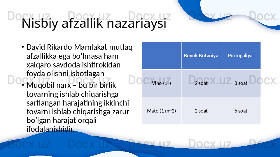 Nisbiy afzallik nazariaysi
•
David Rikardo Mamlakat mutlaq 
afzallikka ega bo‘lmasa ham 
xalqaro savdoda ishtirokidan 
foyda olishni isbotlagan
•
Muqobil narx – bu bir birlik 
tovarning ishlab chiqarishga 
sarflangan harajatining ikkinchi 
tovarni ishlab chiqarishga zarur 
bo‘lgan harajat orqali 
ifodalanishidir. Buyuk Britaniya  Portugaliya 
Vino (1 l) 2 soat 3 soat
Mato (1 m^2) 2 soat 6 soat 