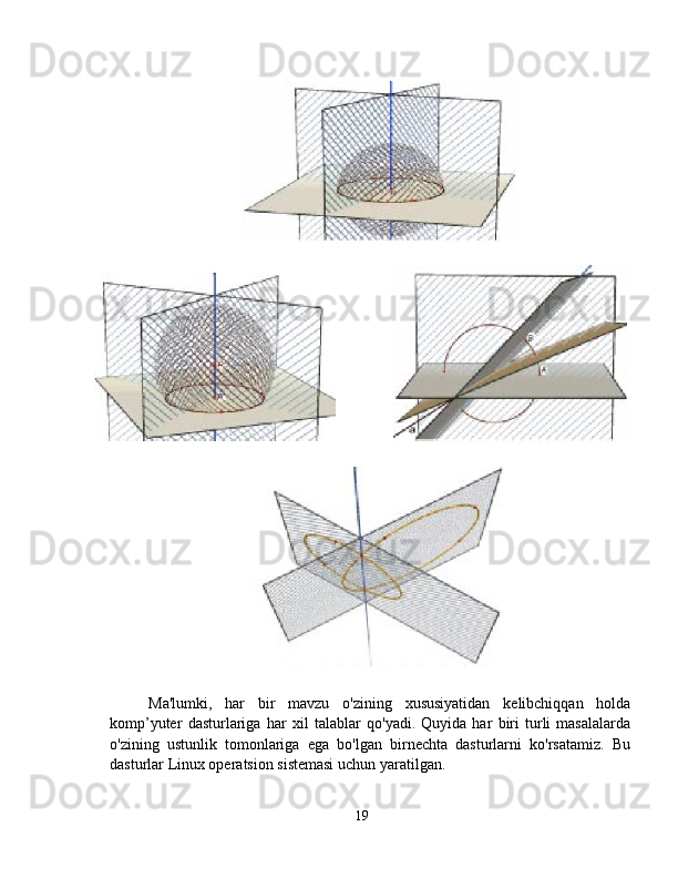                
Ma ' lumki ,   har   bir   mavzu   o ' zining   xususiyatidan   kelibchiqqan   holda
komp ’ yuter   dasturlariga   har   xil   talablar   qo ' yadi .   Quyida   har   biri   turli   masalalarda
o'zining   ustunlik   tomonlariga   ega   bo'lgan   birnechta   dasturlarni   ko'rsatamiz.   Bu
dasturlar Linux operatsion sistemasi uchun yaratilgan.
19 