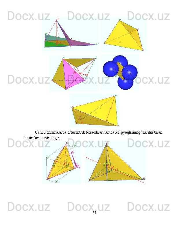 Ushbu chizmalarda ortosentrik tetraedrlar hamda ko’pyoqlarning tekislik bilan 
kesimlari tasvirlangan:
37 