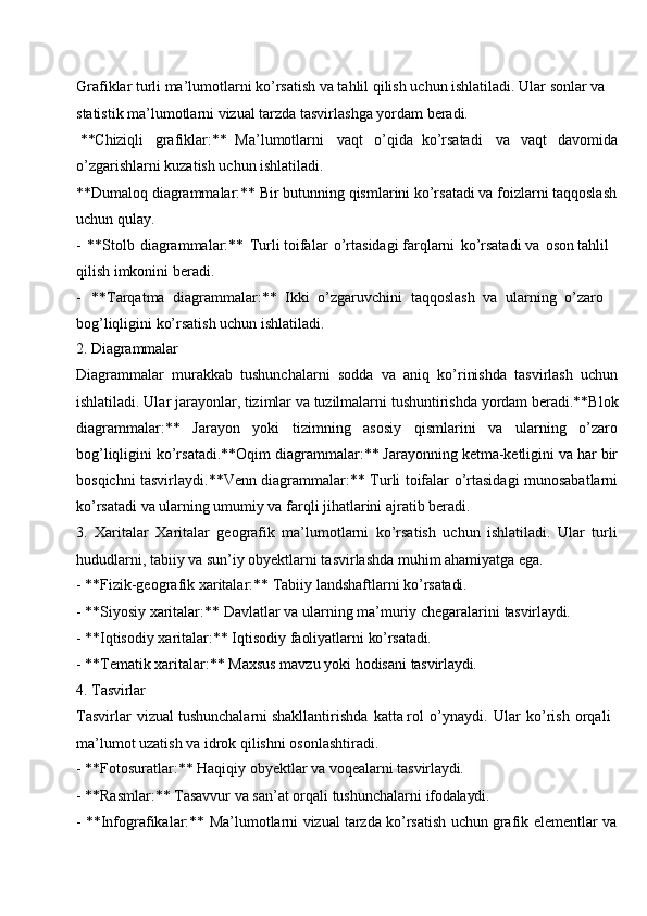 Grafiklar turli ma’lumotlarni ko’rsatish va tahlil qilish uchun ishlatiladi. Ular sonlar va 
statistik ma’lumotlarni vizual tarzda tasvirlashga yordam beradi.
**Chiziqli grafiklar:**   Ma’lumotlarni vaqt o’qida   ko’rsatadi va vaqt davomida
o’zgarishlarni kuzatish uchun ishlatiladi.
**Dumaloq   diagrammalar:**   Bir butunning   qismlarini ko’rsatadi va   foizlarni   taqqoslash 
uchun qulay.
- **Stolb   diagrammalar:**   Turli toifalar   o’rtasidagi farqlarni   ko’rsatadi va   oson tahlil 
qilish imkonini beradi.
- **Tarqatma   diagrammalar:**   Ikki   o’zgaruvchini   taqqoslash   va   ularning   o’zaro  
bog’liqligini ko’rsatish uchun ishlatiladi.
2. Diagrammalar
Diagrammalar   murakkab   tushunchalarni   sodda   va   aniq   ko’rinishda   tasvirlash   uchun
ishlatiladi.   Ular   jarayonlar,   tizimlar   va   tuzilmalarni   tushuntirishda   yordam   beradi.**Blok
diagrammalar:**   Jarayon   yoki   tizimning   asosiy   qismlarini   va   ularning   o’zaro
bog’liqligini ko’rsatadi.**Oqim diagrammalar:** Jarayonning ketma-ketligini va har bir
bosqichni tasvirlaydi.**Venn diagrammalar:** Turli toifalar o’rtasidagi munosabatlarni
ko’rsatadi va ularning umumiy va farqli jihatlarini ajratib beradi.
3. Xaritalar   Xaritalar   geografik   ma’lumotlarni   ko’rsatish   uchun   ishlatiladi.   Ular   turli
hududlarni, tabiiy va sun’iy obyektlarni tasvirlashda muhim ahamiyatga ega.
- **Fizik-geografik   xaritalar:**   Tabiiy   landshaftlarni   ko’rsatadi.
- **Siyosiy   xaritalar:**   Davlatlar   va   ularning   ma’muriy   chegaralarini   tasvirlaydi.
- **Iqtisodiy   xaritalar:** Iqtisodiy   faoliyatlarni  ko’rsatadi.
- **Tematik   xaritalar:**   Maxsus   mavzu   yoki   hodisani   tasvirlaydi.
4. Tasvirlar
Tasvirlar   vizual tushunchalarni shakllantirishda   katta rol   o’ynaydi.   Ular   ko’rish   orqali 
ma’lumot uzatish va idrok qilishni osonlashtiradi.
- **Fotosuratlar:**   Haqiqiy   obyektlar va   voqealarni   tasvirlaydi.
- **Rasmlar:**   Tasavvur   va   san’at   orqali   tushunchalarni  ifodalaydi.
- **Infografikalar:**   Ma’lumotlarni   vizual   tarzda   ko’rsatish   uchun   grafik   elementlar   va
