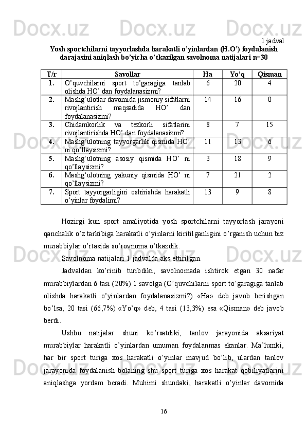 1 jadval
Yosh sportchilarni tayyorlashda harakatli o’yinlardan (H.O’) foydalanish
darajasini aniqlash bo’yicha  o’tkazilgan savolnoma natijalari  n=30
T/r Savollar H a  Yo’q Q isman
1. O’quvchilarni   sport   to’garagiga   tanlab
olishda HO’ dan foydalanasizmi? 6 20 4
2. Mashg‘ulotlar davomida jismoniy sifatlarni
rivojlantirish   maqsadida   HO’   dan
foydalanasizmi? 14 16 0
3. Chidamkorlik   va   tezkorli   sifatlarini
rivojlantirishda HO’ dan foydalanasizmi? 8 7 15
4. Mashg‘ulotning   tayyorgarlik   qismida   HO’
ni qo’llaysizmi? 11 13 6
5. Mashg‘ulotning   asosiy   qismida   HO’   ni
qo’llaysizmi? 3 18 9
6. Mashg‘ulotning   yakuniy   qismida   HO’   ni
qo’llaysizmi? 7 21 2
7. Sport   tayyorgarligini   oshirishda   harakatli
o’yinlar foydalimi? 13 9 8
Hozirgi   kun   sport   amaliyotida   yosh   sportchilarni   tayyorlash   jarayoni
qanchalik o’z tarkibiga harakatli o’yinlarni kiritilganligini o’rganish uchun biz
murabbiylar o’rtasida so’rovnoma o’tkazdik. 
Savolnoma natijalari 1 jadvalda aks ettirilgan.
Jadvaldan   ko’rinib   turibdiki,   savolnomada   ishtirok   etgan   30   nafar
murabbiylardan 6 tasi (20%) 1 savolga (O’quvchilarni sport to’garagiga tanlab
olishda   harakatli   o’yinlardan   foydalanasizmi?)   «Ha»   deb   javob   berishgan
bo’lsa,   20   tasi   (66,7%)   «Yo’q»   deb,   4   tasi   (13,3%)   esa   «Qisman»   deb   javob
berdi.
Ushbu   natijalar   shuni   ko’rsatdiki,   tanlov   jarayonida   aksariyat
murabbiylar   harakatli   o’yinlardan   umuman   foydalanmas   ekanlar.   Ma’lumki,
har   bir   sport   turiga   xos   harakatli   o’yinlar   mavjud   bo’lib,   ulardan   tanlov
jarayonida   foydalanish   bolaning   shu   sport   turiga   xos   harakat   qobiliyatlarini
aniqlashga   yordam   beradi.   Muhimi   shundaki,   harakatli   o’yinlar   davomida
16 