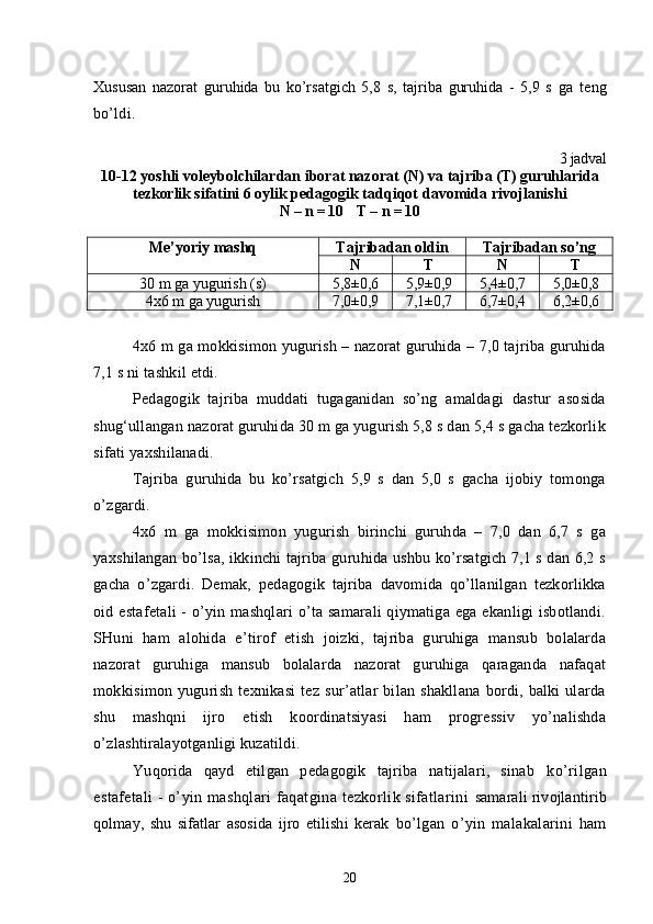 Xususan   nazorat   guruhida   bu   ko’rsatgich   5,8   s,   tajriba   guruhida   -   5,9   s   ga   teng
bo’ldi.
3 jadval
10-12 yoshli voleybolchilardan iborat nazorat (N) va  tajriba (T) guruhlarida
tezkorlik sifatini 6 oylik  pedagogik tadqiqot davomida rivojlanishi
N –  n  = 10 T –  n  = 10
Me’yoriy mashq Tajribadan oldin Tajribadan so’ng
N T N T
30 m ga yugurish (s) 5,8±0,6 5,9±0,9 5,4±0,7 5,0±0,8
4x6 m ga yugurish 7,0±0,9 7,1±0,7 6,7±0,4 6,2±0,6
4x6 m ga mokkisimon yugurish – nazorat guruhida – 7,0 tajriba guruhida
7,1 s ni tashkil etdi. 
Pedagogik   tajriba   muddati   tugaganidan   so’ng   amaldagi   dastur   asosida
shug‘ullangan nazorat guruhida 30 m ga yugurish 5,8 s dan 5,4 s gacha tezkorlik
sifati yaxshilanadi. 
Tajriba   guruhida   bu   ko’rsatgich   5,9   s   dan   5,0   s   gacha   ijobiy   tomonga
o’zgardi.
4x6   m   ga   mokkisimon   yugurish   birinchi   guruhda   –   7,0   dan   6,7   s   ga
yaxshilangan bo’lsa, ikkinchi tajriba guruhida ushbu ko’rsatgich 7,1 s dan 6,2 s
gacha   o’zgardi.   Demak,   pedagogik   tajriba   davomida   qo’llanilgan   tezkorlikka
oid estafetali  -  o’yin mashqlari  o’ta samarali  qiymatiga ega  ekanligi  isbotlandi.
SHuni   ham   alohida   e’tirof   etish   joizki,   tajriba   guruhiga   mansub   bolalarda
nazorat   guruhiga   mansub   bolalarda   nazorat   guruhiga   qaraganda   nafaqat
mokkisimon   yugurish   texnikasi   tez   sur’atlar   bilan   shakllana   bordi,   balki   ularda
shu   mashqni   ijro   etish   koordinatsiyasi   ham   progressiv   yo’nalishda
o’zlashtiralayotganligi kuzatildi. 
Yuqorida   qayd   etilgan   pedagogik   tajriba   natijalari,   sinab   ko’rilgan
estafetali - o’yin mashqlari faqatgina tezkorlik sifatlarini   samarali rivojlantirib
qolmay,   shu   sifatlar   asosida   ijro   etilishi   kerak   bo’lgan   o’yin   malakalarini   ham
20 