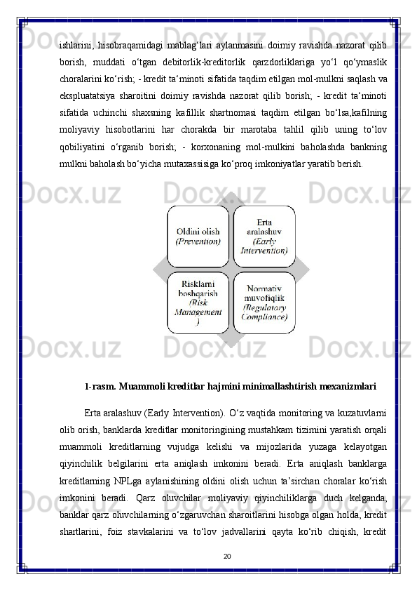 20ishlarini,   hisobraqamidagi   mablag‘lari   aylanmasini   doimiy   ravishda   nazorat   qilib
borish,   muddati   o‘tgan   debitorlik-kreditorlik   qarzdorliklariga   yo‘l   qo‘ymaslik
choralarini   ko‘rish;   -   kredit   ta‘minoti   sifatida   taqdim   etilgan   mol-mulkni saqlash   va
ekspluatatsiya   sharoitini   doimiy   ravishda   nazorat   qilib   borish;   -   kredit   ta‘minoti
sifatida   uchinchi   shaxsning   kafillik   shartnomasi   taqdim   etilgan   bo‘lsa,kafilning
moliyaviy   hisobotlarini   har   chorakda   bir   marotaba   tahlil   qilib   uning   to‘lov
qobiliyatini   o‘rganib   borish;   -   korxonaning   mol-mulkini   baholashda   bankning
mulkni baholash bo‘yicha mutaxassisiga ko‘proq imkoniyatlar yaratib berish.
1- rasm.   Muammoli   kreditlar   hajmini   minimallashtirish   mexanizmlari
Erta aralashuv (Early Intervention). O‘z vaqtida monitoring va kuzatuvlarni
olib orish, banklarda kreditlar monitoringining mustahkam tizimini yaratish orqali
muammoli   kreditlarning   vujudga   kelishi   va   mijozlarida   yuzaga   kelayotgan
qiyinchilik   belgilarini   erta   aniqlash   imkonini   beradi.   Erta   aniqlash   banklarga
kreditlarning   NPLga   aylanishining   oldini   olish   uchun   ta’sirchan   choralar   ko‘rish
imkonini   beradi.   Qarz   oluvchilar   moliyaviy   qiyinchiliklarga   duch   kelganda,
banklar qarz oluvchilarning o‘zgaruvchan sharoitlarini hisobga olgan holda, kredit
shartlarini,  foiz	  stavkalarini	  va	  to‘lov   jadvallarini   qayta	  ko‘rib	  chiqish,	  kredit        