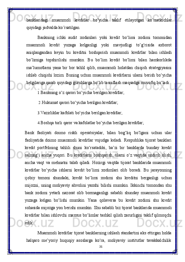 31banklaridagi   muammoli   kreditlar   bo yichaʼ   taklif   etilayotgan   ko rsatkichlar	ʼ
quyidagi jadvalda ko rsatilgan.	
ʼ
Bankning   ichki   audit   xodimlari   yoki   kredit   bo‘limi   xodimi   tomonidan
muammoli   kredit   yuzaga   kelganligi   yoki   mavjudligi   to‘g‘risida   axborot
aniqlangandan   keyin   bu   kreditni   boshqarish   muammoli   kreditlar   bilan   ishlash
bo‘limiga   topshirilishi   mumkin.   Bu   bo‘lim   kredit   bo‘limi   bilan   hamkorlikda
ma’lumotlarni   yana  bir   bor  tahlil  qilib,  muammoli   holatdan   chiqish  strategiyasini
ishlab chiqishi  lozim. Buning uchun muammoli  kreditlarni  ularni  berish  bo‘yicha
belgilariga qarab quyidagi guruhlarga bo‘lib tasniflash maqsadga muvofiq bo‘ladi:
1. Bankning   o‘z   qarori   bo‘yicha   berilgan   kreditlar;
2. Hukumat   qarori   bo‘yicha   berilgan  kreditlar;
3. Vazirliklar   kafolati   bo‘yicha   berilgan   kreditlar;
4. Boshqa   turli   qaror   va   kafolatlar   bo‘yicha   berilgan   kreditlar;
Bank   faoliyati   doimo   riskli   operatsiyalar,   bilan   bog‘liq   bo‘lgani   uchun   ular
faoliyatida   doimo   muammoli   kreditlar   vujudga   keladi.   Respublika   tijorat   banklari
kredit   portfelining   tahlili   shuni   ko‘rsatadiki,   ba’zi   bir   banklarda   bunday   kredit
salmog‘i  ancha yuqori. Bu kreditlarni  boshqarish,  ularni  o‘z vaqtida  undirib olish,
ancha   vaqt   va   mehnatni   talab   qiladi.   Hozirgi   vaqtda   tijorat   banklarida   muammoli
kreditlar   bo‘yicha   ishlarni   kredit   bo‘limi   xodimlari   olib   boradi.   Bu   jarayonning
ijobiy   tomoni   shundaki,   kredit   bo‘limi   xodimi   shu   kreditni   berganligi   uchun
mijozni,   uning   moliyaviy   ahvolini   yaxshi   bilishi   mumkin.   Ikkinchi   tomondan   shu
bank   xodimi   yetarli   nazorat   olib   bormaganligi   sababli   shunday   muammoli   kredit
yuzaga   kelgan   bo‘lishi   mumkin.   Yana   qolaversa   bu   kredit   xodimi   shu   kredit
sohasida mijozga   yon   berishi   mumkin.   Shu   sababli   biz   tijorat   banklarida   muammoli
kreditlar bilan ishlovchi maxsus bo‘limlar tashkil qilish zarurligini taklif qilmoqchi
edik.
Muammoli kreditlar tijorat banklarning ishlash standartini aks ettirgan holda
halqaro   me’yoriy   huquqiy   asoslarga	
  ko‘ra,	  moliyaviy   institutlar	  tavakkalchilik 