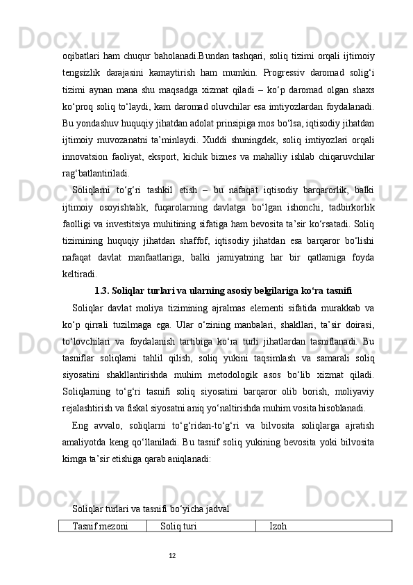12oqibatlari  ham  chuqur  baholanadi.Bundan  tashqari,  soliq   tizimi  orqali  ijtimoiy
tengsizlik   darajasini   kamaytirish   ham   mumkin.   Progressiv   daromad   solig‘i
tizimi   aynan   mana   shu   maqsadga   xizmat   qiladi   –   ko‘p   daromad   olgan   shaxs
ko‘proq soliq to‘laydi, kam daromad oluvchilar esa imtiyozlardan foydalanadi.
Bu yondashuv huquqiy jihatdan adolat prinsipiga mos bo‘lsa, iqtisodiy jihatdan
ijtimoiy   muvozanatni   ta’minlaydi.   Xuddi   shuningdek,   soliq   imtiyozlari   orqali
innovatsion   faoliyat,   eksport,   kichik   biznes   va   mahalliy   ishlab   chiqaruvchilar
rag‘batlantiriladi.
Soliqlarni   to‘g‘ri   tashkil   etish   –   bu   nafaqat   iqtisodiy   barqarorlik,   balki
ijtimoiy   osoyishtalik,   fuqarolarning   davlatga   bo‘lgan   ishonchi,   tadbirkorlik
faolligi va investitsiya muhitining sifatiga ham bevosita ta’sir ko‘rsatadi. Soliq
tizimining   huquqiy   jihatdan   shaffof,   iqtisodiy   jihatdan   esa   barqaror   bo‘lishi
nafaqat   davlat   manfaatlariga,   balki   jamiyatning   har   bir   qatlamiga   foyda
keltiradi.
1.3. Soliqlar turlari va ularning asosiy belgilariga ko‘ra tasnifi
Soliqlar   davlat   moliya   tizimining   ajralmas   elementi   sifatida   murakkab   va
ko‘p   qirrali   tuzilmaga   ega.   Ular   o‘zining   manbalari,   shakllari,   ta’sir   doirasi,
to‘lovchilari   va   foydalanish   tartibiga   ko‘ra   turli   jihatlardan   tasniflanadi.   Bu
tasniflar   soliqlarni   tahlil   qilish,   soliq   yukini   taqsimlash   va   samarali   soliq
siyosatini   shakllantirishda   muhim   metodologik   asos   bo‘lib   xizmat   qiladi.
Soliqlarning   to‘g‘ri   tasnifi   soliq   siyosatini   barqaror   olib   borish,   moliyaviy
rejalashtirish va fiskal siyosatni aniq yo‘naltirishda muhim vosita hisoblanadi.
Eng   avvalo,   soliqlarni   to‘g‘ridan-to‘g‘ri   va   bilvosita   soliqlarga   ajratish
amaliyotda   keng   qo‘llaniladi.   Bu   tasnif   soliq   yukining   bevosita   yoki   bilvosita
kimga ta’sir etishiga qarab aniqlanadi:
Soliqlar turlari va tasnifi bo‘yicha jadval
Tasnif mezoni Soliq turi Izoh 